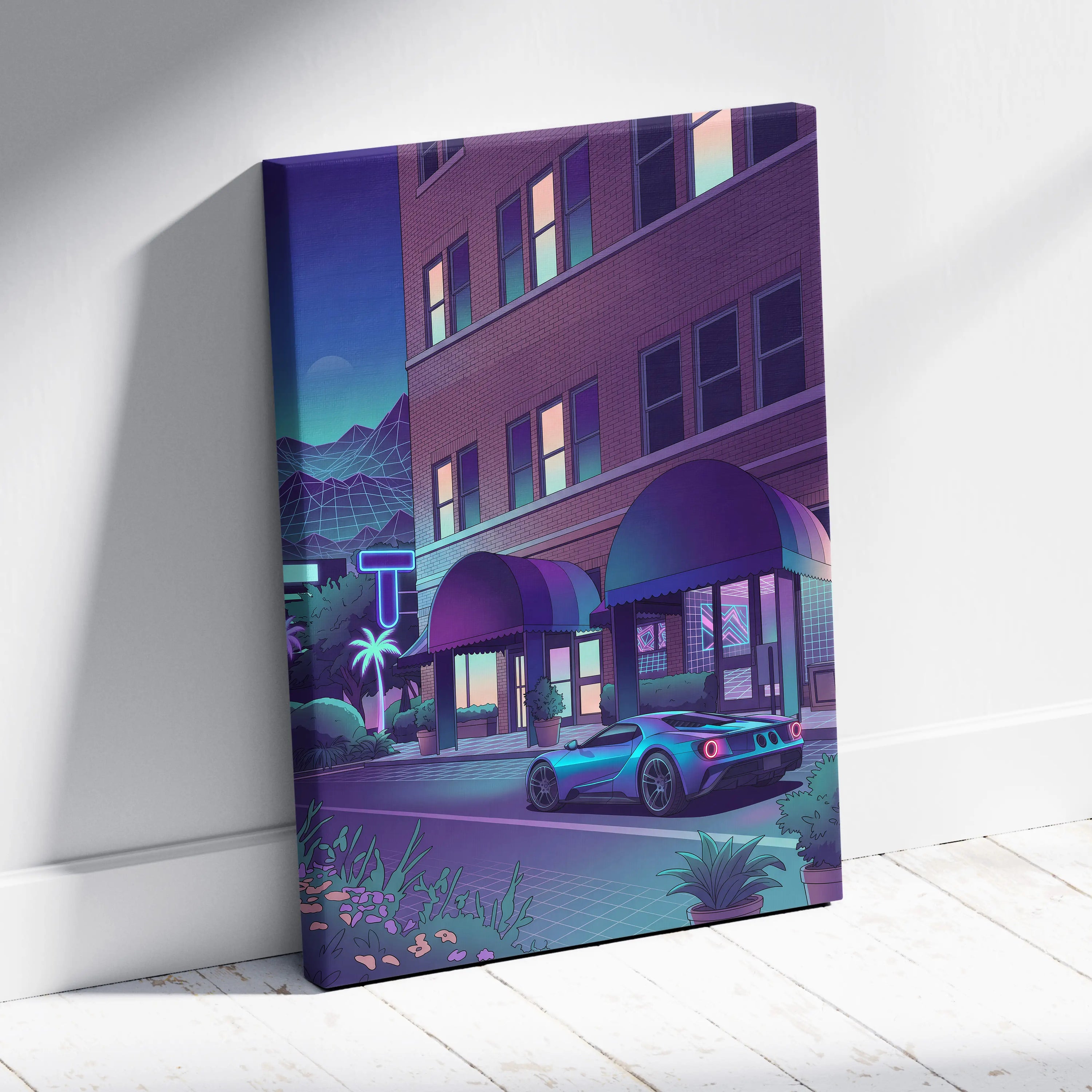 Ford GT Inspired Blue Purple Canvas Wall Art Vaporwave Supercar Artwork Neon Hotel Street Garage Decor Retro Futuristic City Print