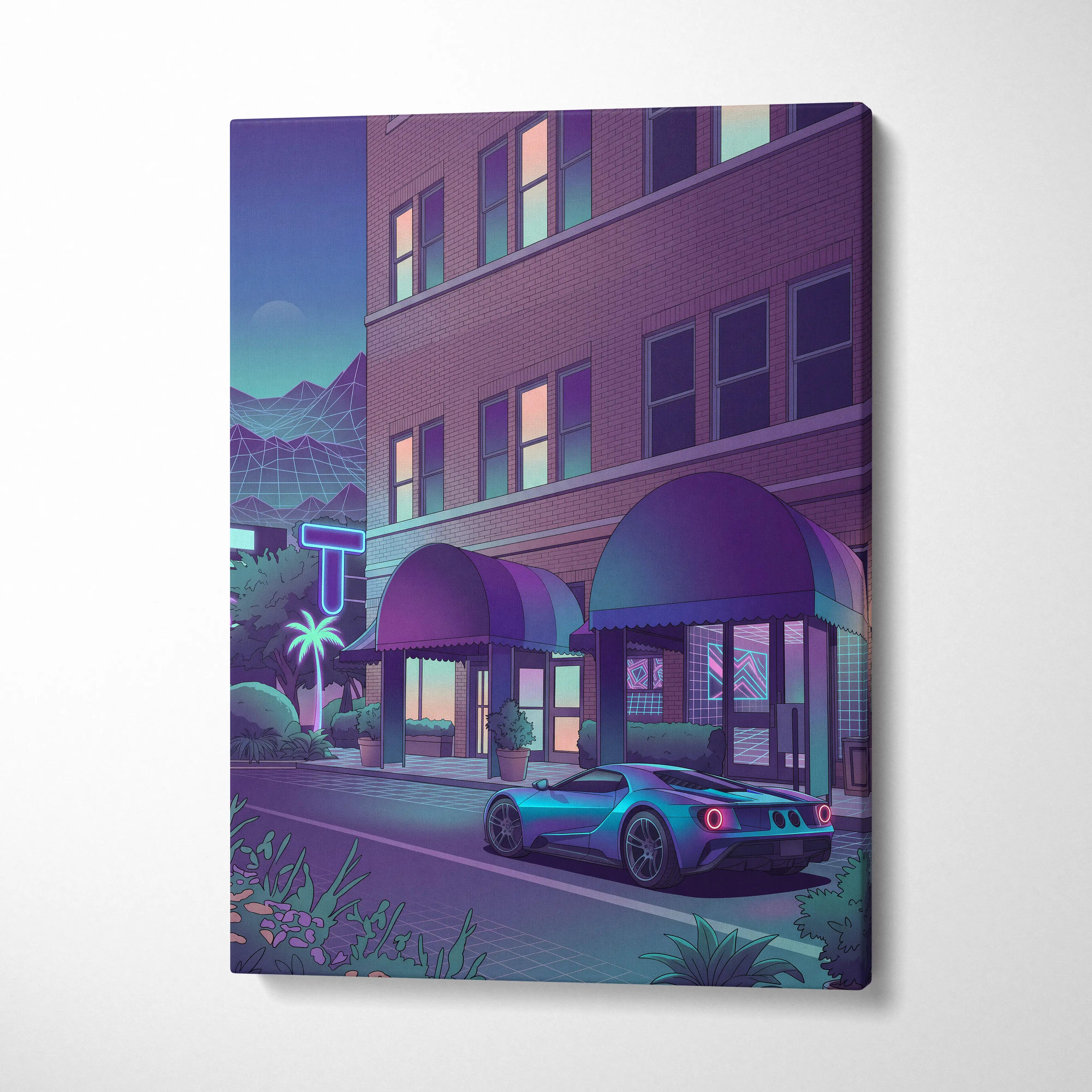 Ford GT Inspired Blue Purple Canvas Wall Art Vaporwave Supercar Artwork Neon Hotel Street Garage Decor Retro Futuristic City Print