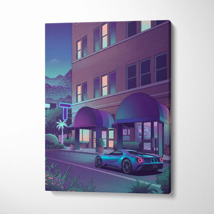 Ford GT Inspired Blue Purple Canvas Wall Art Vaporwave Supercar Artwork Neon Hotel Street Garage Decor Retro Futuristic City Print