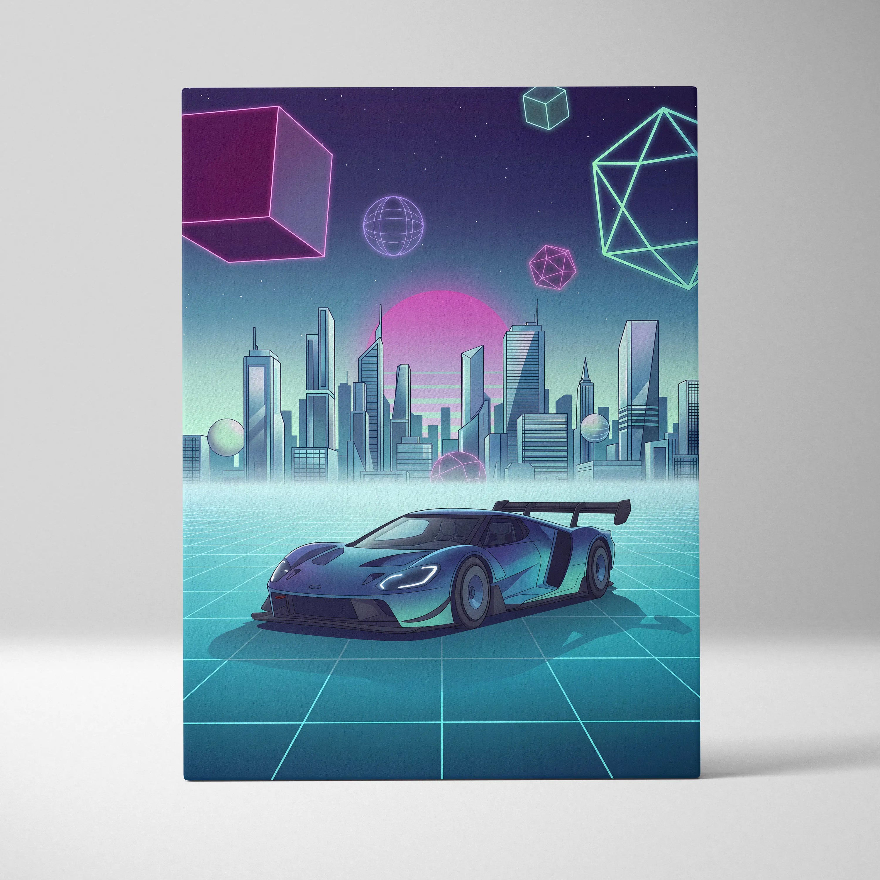 Ford GT Inspired Blue Teal Canvas Wall Art Vaporwave Supercar Artwork Neon City Garage Decor Retro Futuristic Motorsport Print