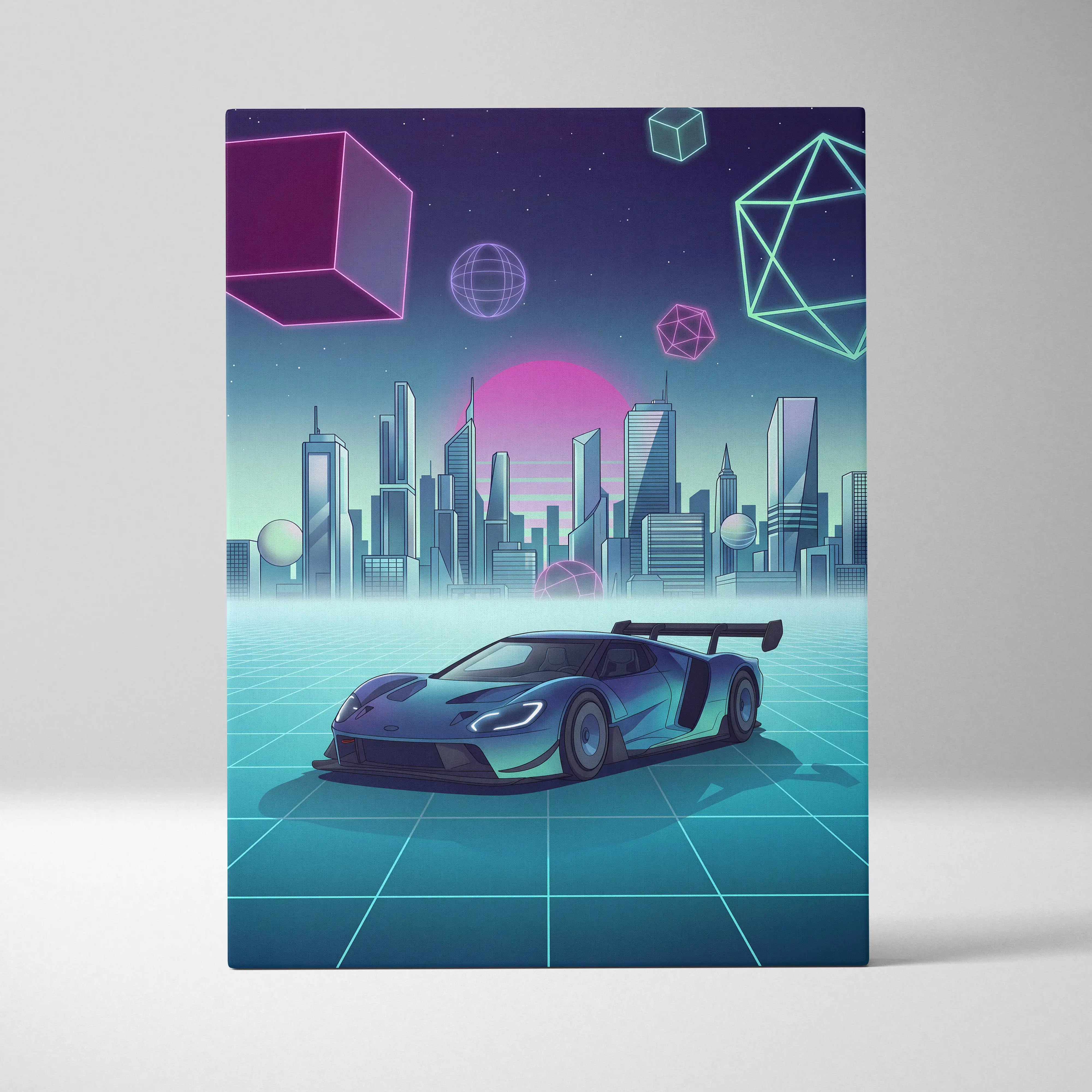 Ford GT Inspired Blue Teal Canvas Wall Art Vaporwave Supercar Artwork Neon City Garage Decor Retro Futuristic Motorsport Print