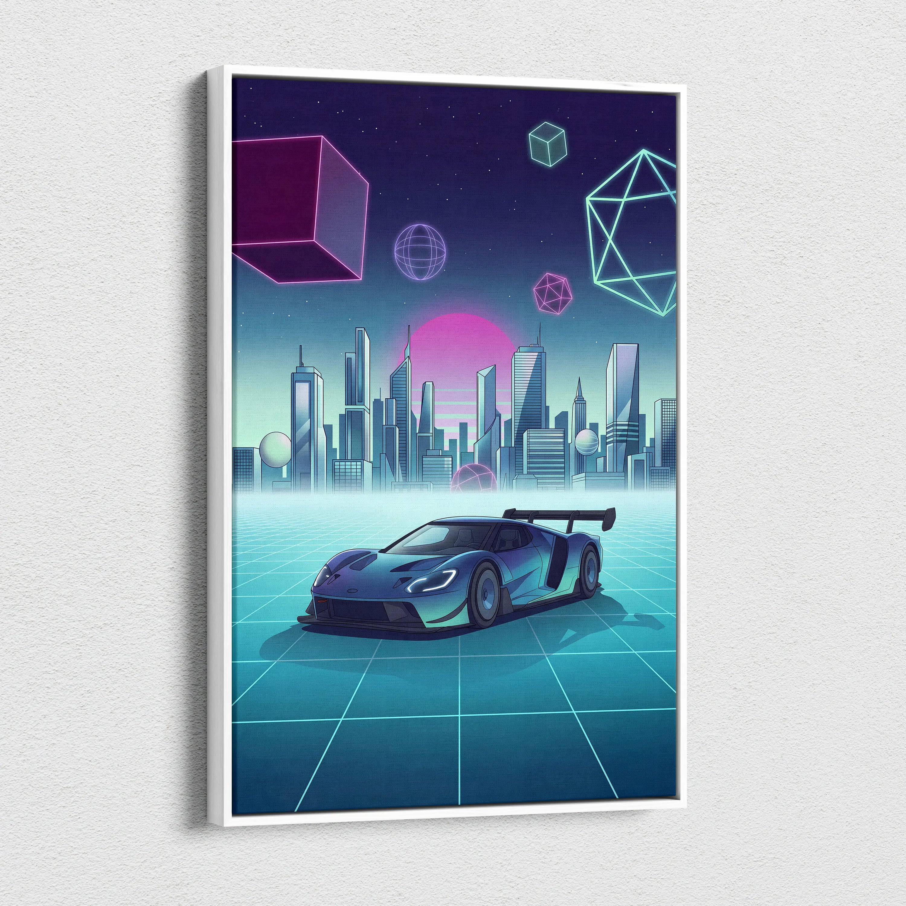 Ford GT Inspired Blue Teal Canvas Wall Art Vaporwave Supercar Artwork Neon City Garage Decor Retro Futuristic Motorsport Print