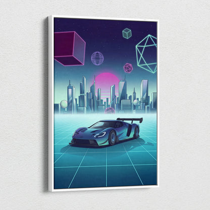 Ford GT Inspired Blue Teal Canvas Wall Art Vaporwave Supercar Artwork Neon City Garage Decor Retro Futuristic Motorsport Print