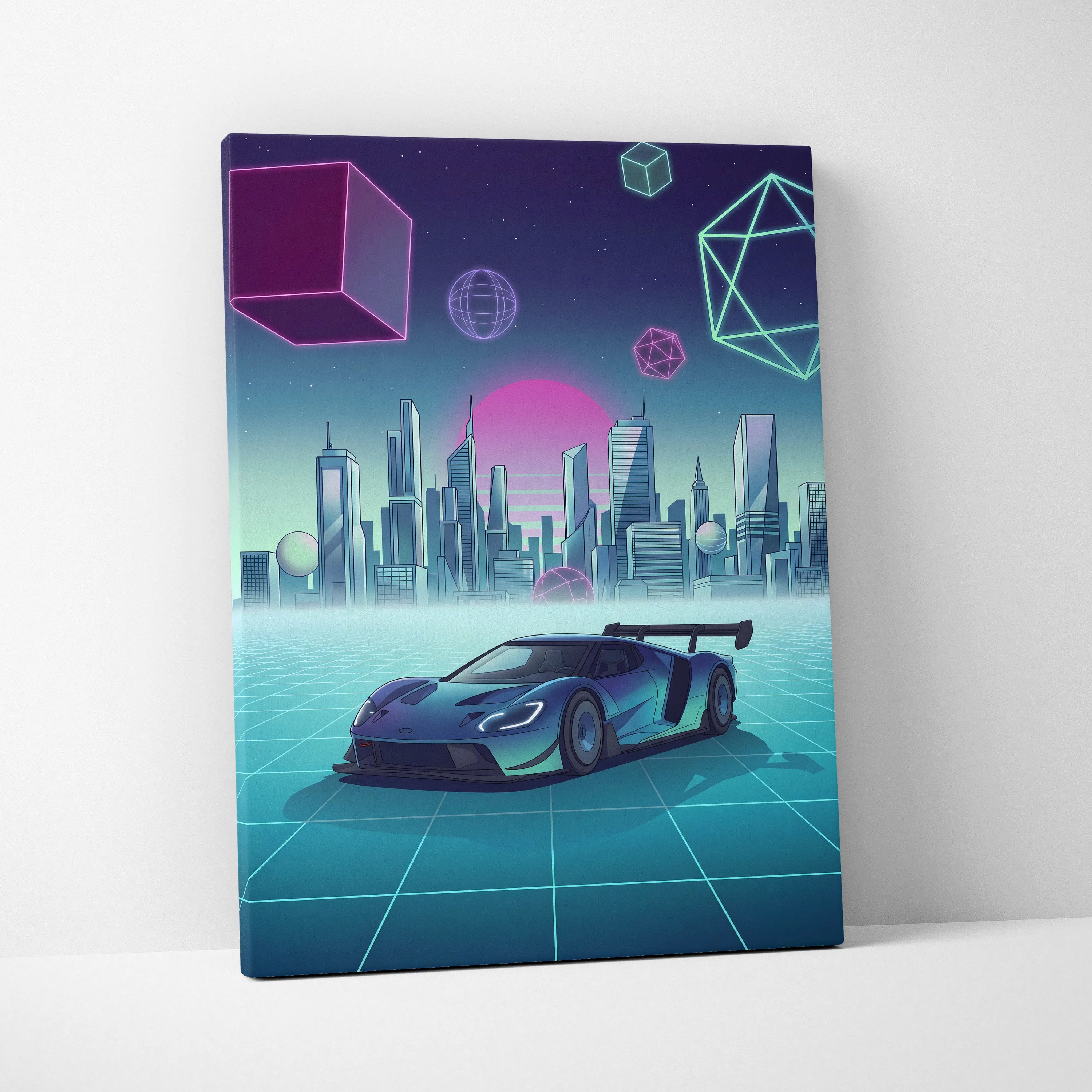 Ford GT Inspired Blue Teal Canvas Wall Art Vaporwave Supercar Artwork Neon City Garage Decor Retro Futuristic Motorsport Print