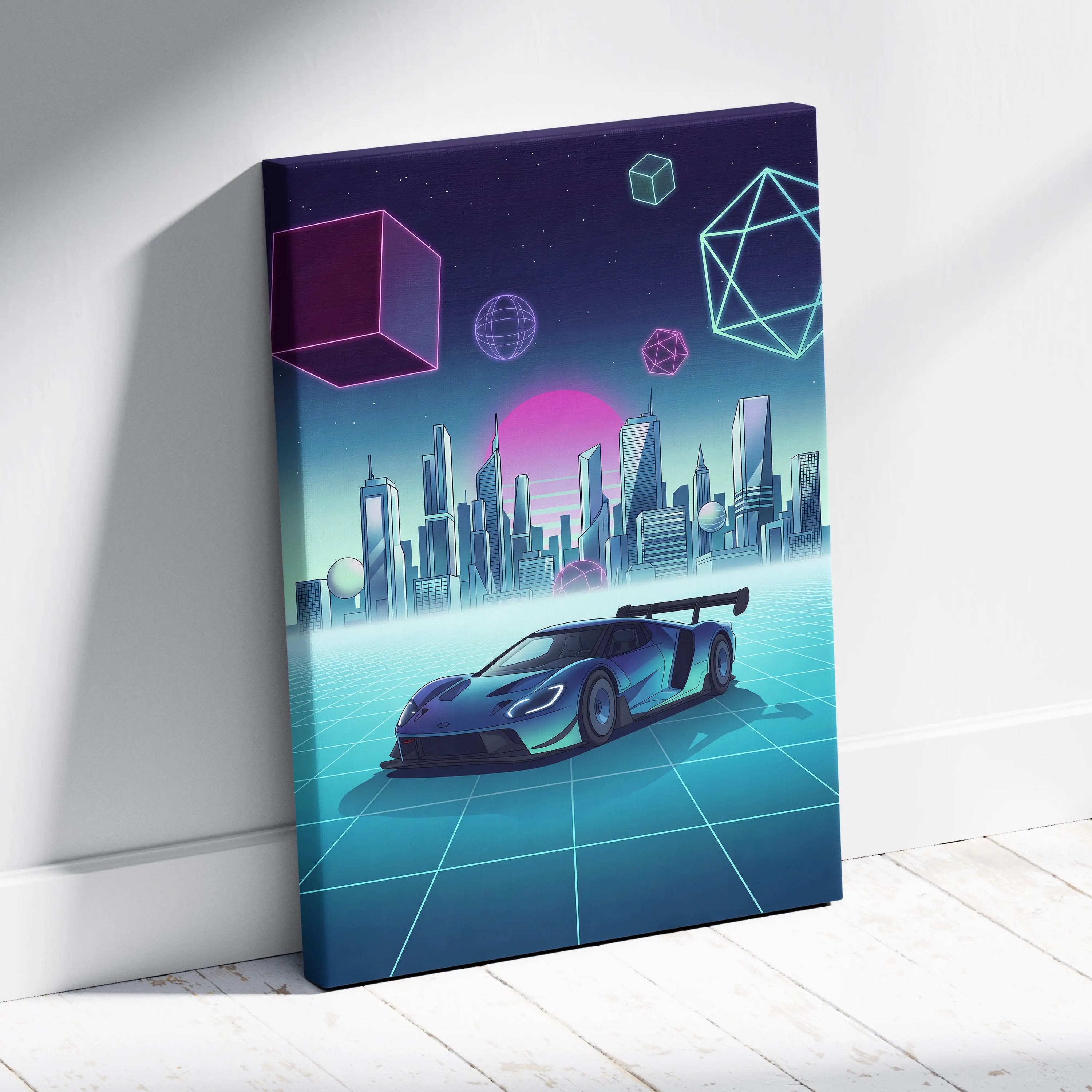 Ford GT Inspired Blue Teal Canvas Wall Art Vaporwave Supercar Artwork Neon City Garage Decor Retro Futuristic Motorsport Print