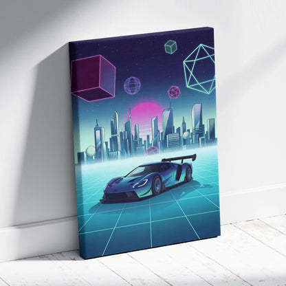 Ford GT Inspired Blue Teal Canvas Wall Art Vaporwave Supercar Artwork Neon City Garage Decor Retro Futuristic Motorsport Print