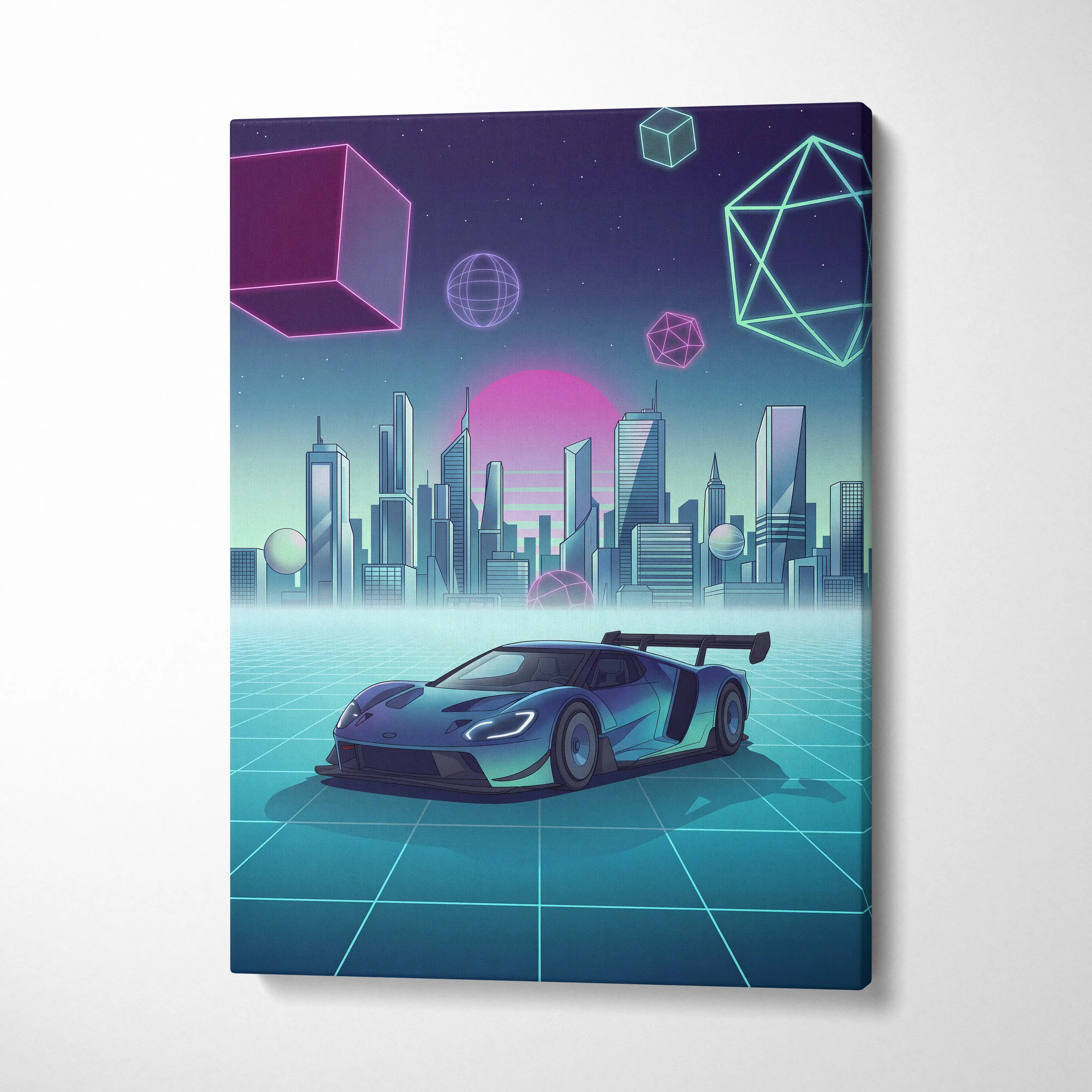 Ford GT Inspired Blue Teal Canvas Wall Art Vaporwave Supercar Artwork Neon City Garage Decor Retro Futuristic Motorsport Print