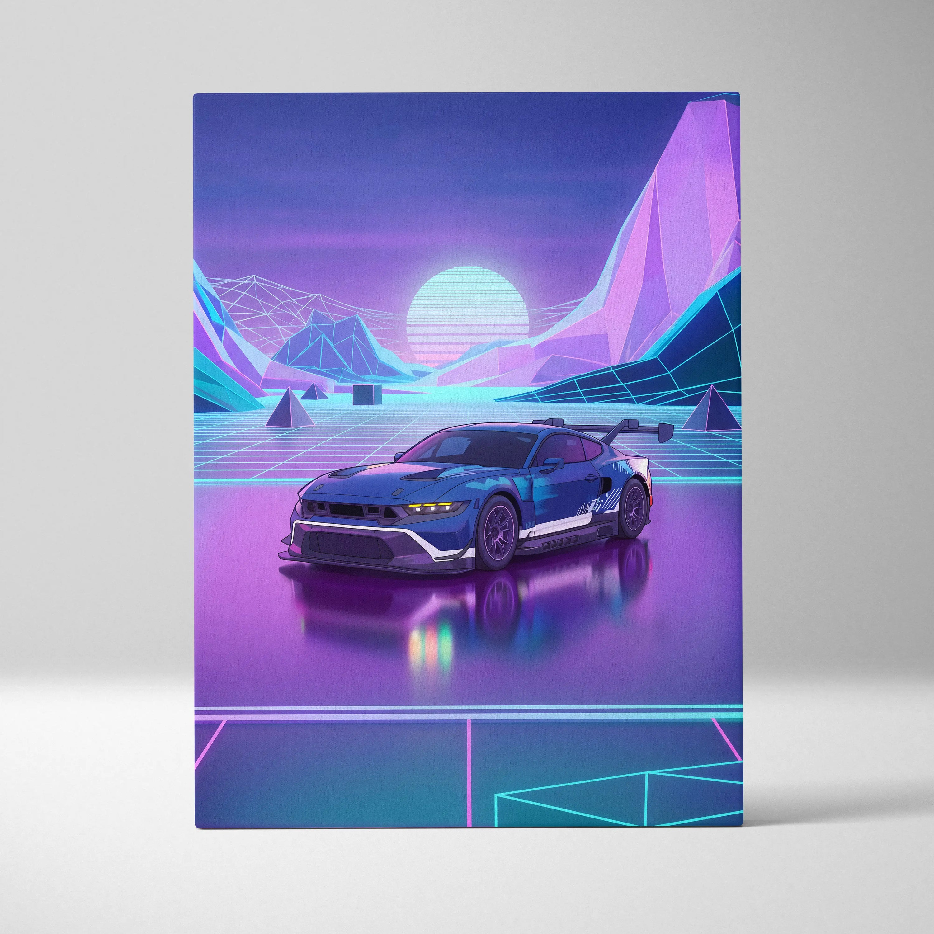 Ford Mustang GTD Inspired Blue Purple Canvas Wall Art Vaporwave Race Car Artwork Neon Mountain Garage Decor Retro Futuristic Motorsport Print