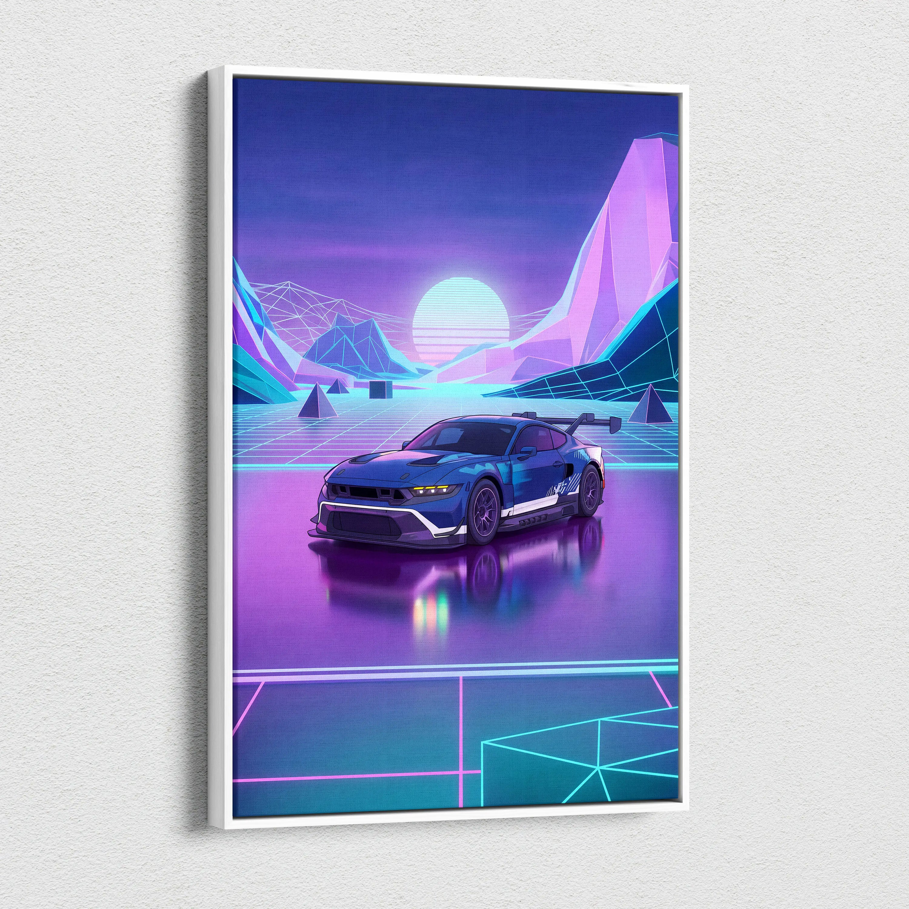 Ford Mustang GTD Inspired Blue Purple Canvas Wall Art Vaporwave Race Car Artwork Neon Mountain Garage Decor Retro Futuristic Motorsport Print