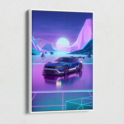 Ford Mustang GTD Inspired Blue Purple Canvas Wall Art Vaporwave Race Car Artwork Neon Mountain Garage Decor Retro Futuristic Motorsport Print