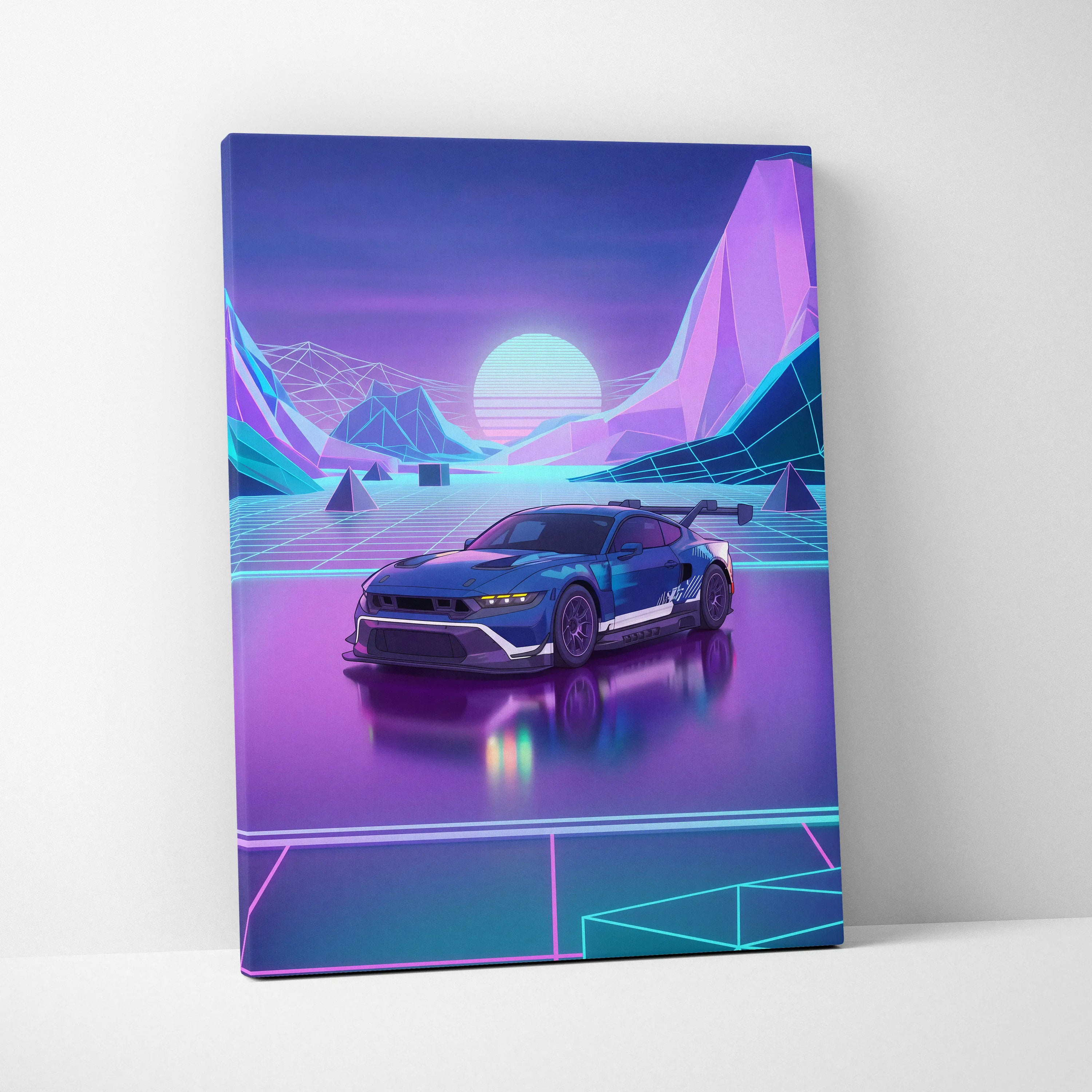 Ford Mustang GTD Inspired Blue Purple Canvas Wall Art Vaporwave Race Car Artwork Neon Mountain Garage Decor Retro Futuristic Motorsport Print