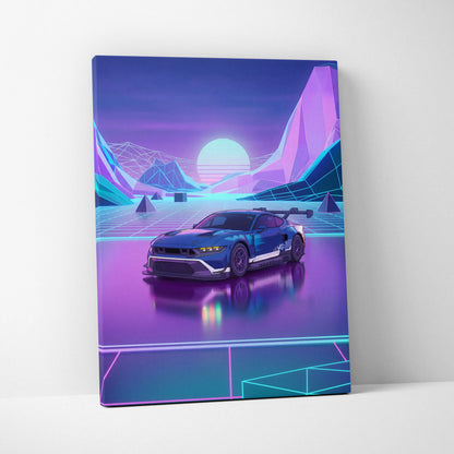 Ford Mustang GTD Inspired Blue Purple Canvas Wall Art Vaporwave Race Car Artwork Neon Mountain Garage Decor Retro Futuristic Motorsport Print