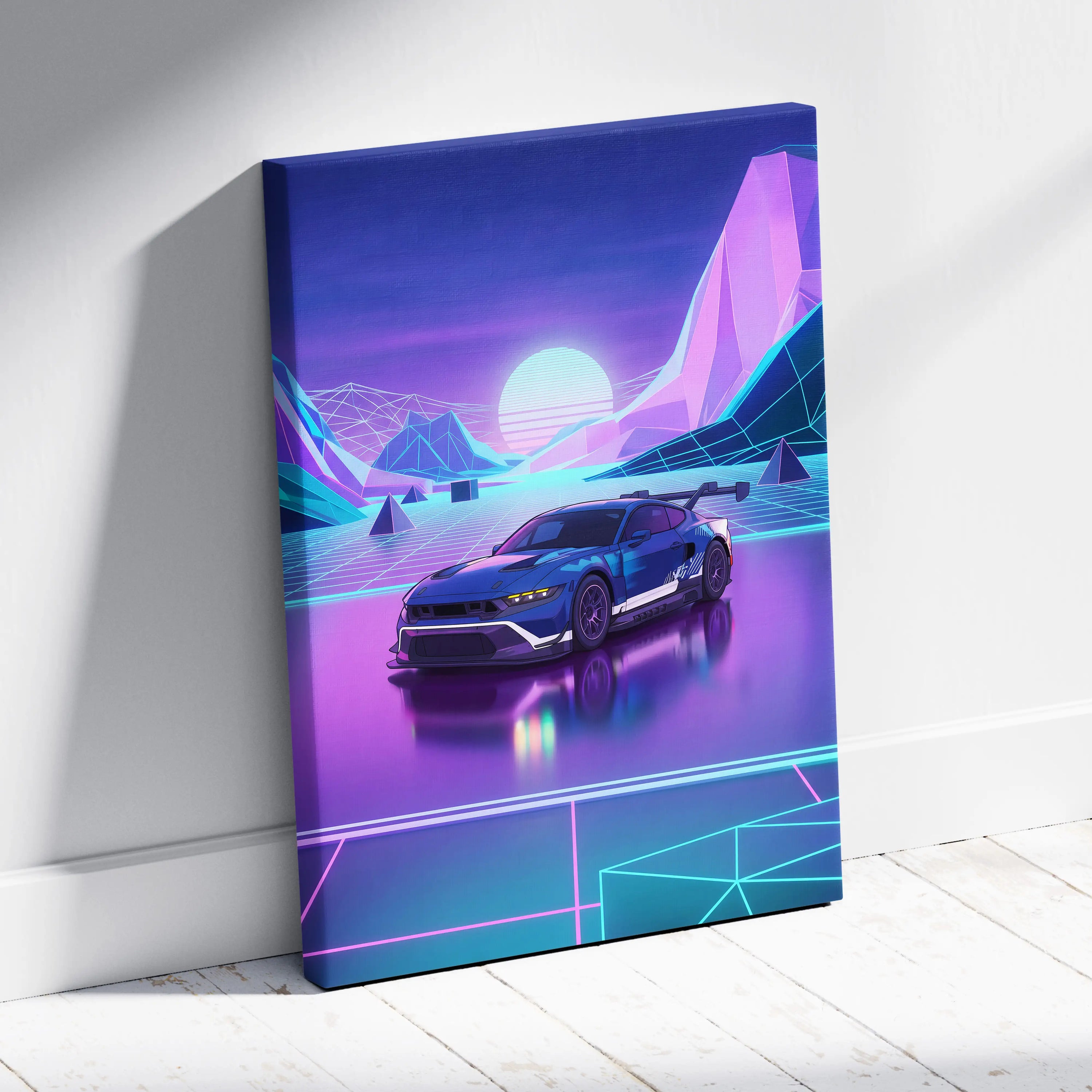 Ford Mustang GTD Inspired Blue Purple Canvas Wall Art Vaporwave Race Car Artwork Neon Mountain Garage Decor Retro Futuristic Motorsport Print