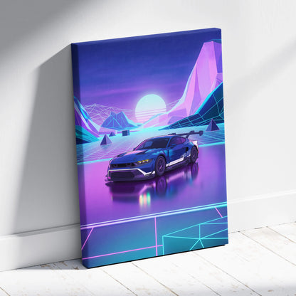 Ford Mustang GTD Inspired Blue Purple Canvas Wall Art Vaporwave Race Car Artwork Neon Mountain Garage Decor Retro Futuristic Motorsport Print