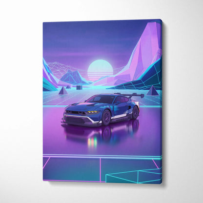 Ford Mustang GTD Inspired Blue Purple Canvas Wall Art Vaporwave Race Car Artwork Neon Mountain Garage Decor Retro Futuristic Motorsport Print