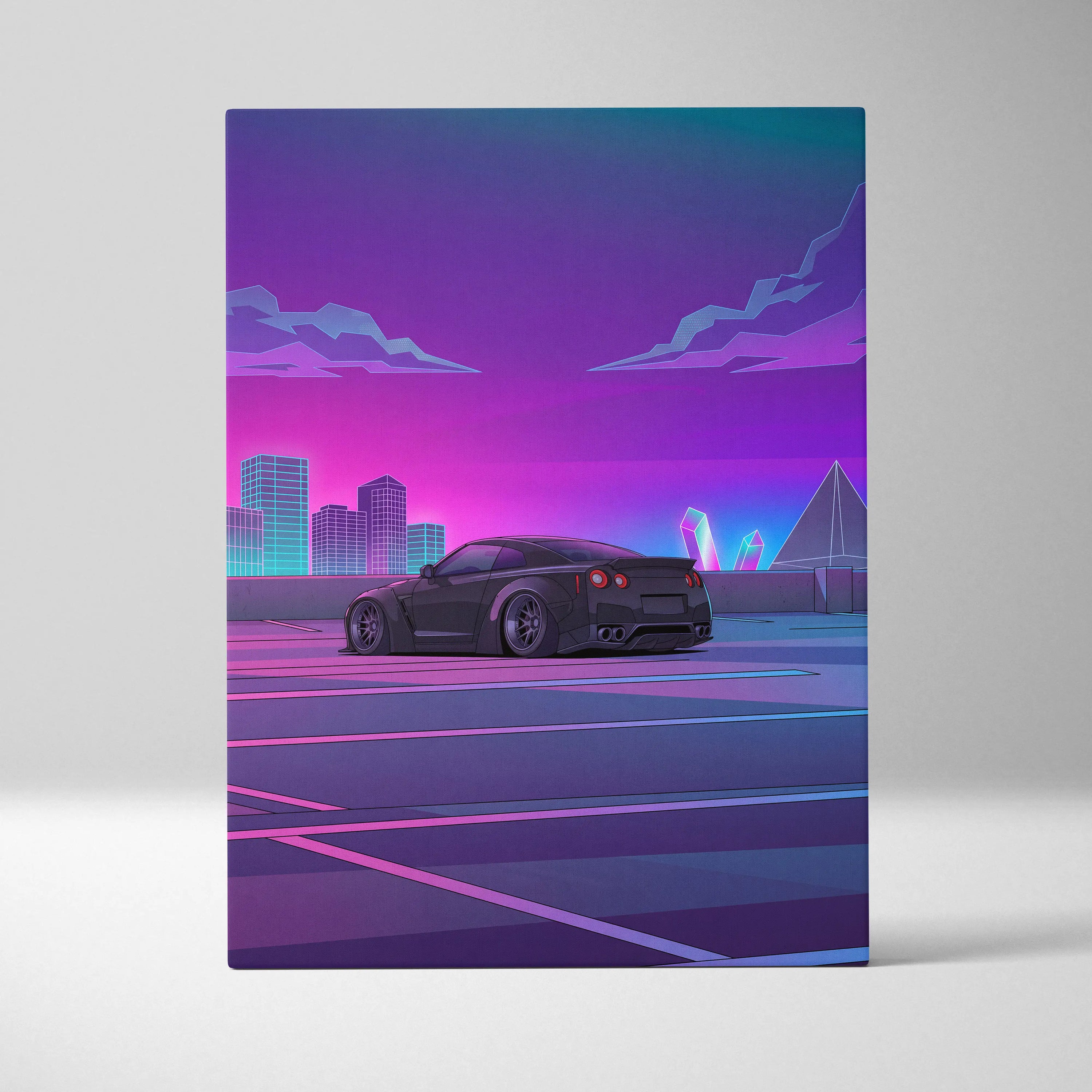 Nissan GT-R R35 Inspired Black Purple Canvas Wall Art Vaporwave JDM Supercar Artwork Neon City Garage Decor Retro Futuristic Skyline Print