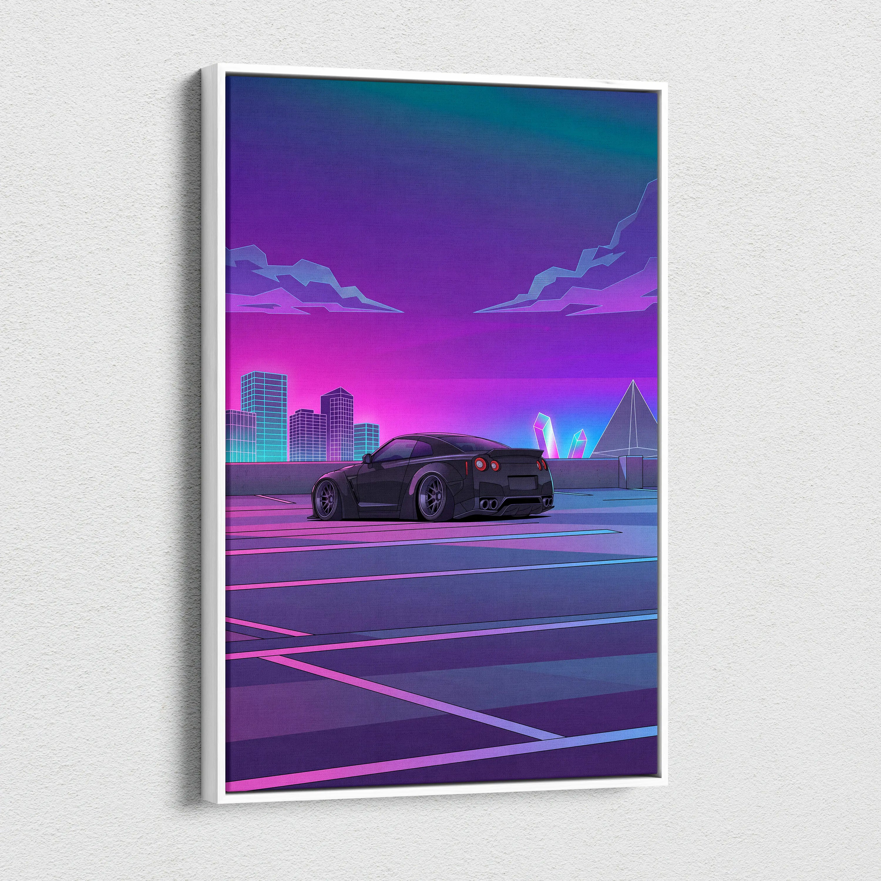 Nissan GT-R R35 Inspired Black Purple Canvas Wall Art Vaporwave JDM Supercar Artwork Neon City Garage Decor Retro Futuristic Skyline Print