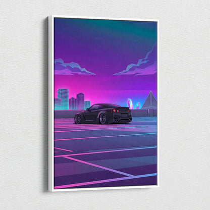 Nissan GT-R R35 Inspired Black Purple Canvas Wall Art Vaporwave JDM Supercar Artwork Neon City Garage Decor Retro Futuristic Skyline Print