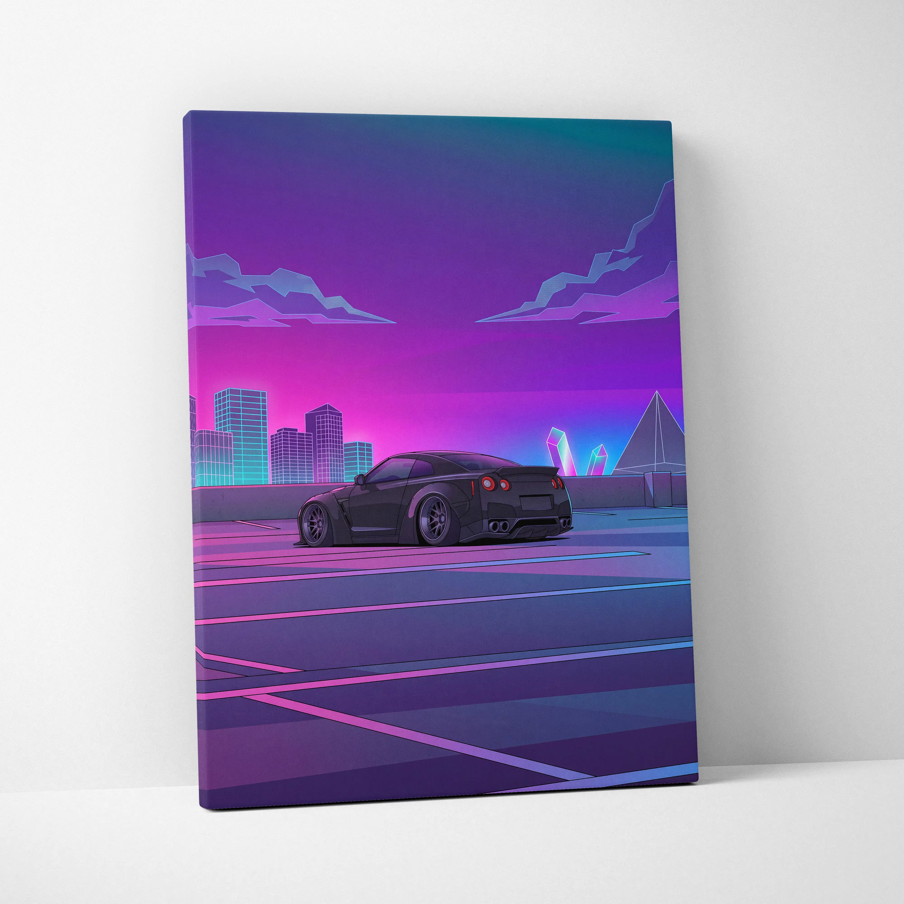 Nissan GT-R R35 Inspired Black Purple Canvas Wall Art Vaporwave JDM Supercar Artwork Neon City Garage Decor Retro Futuristic Skyline Print