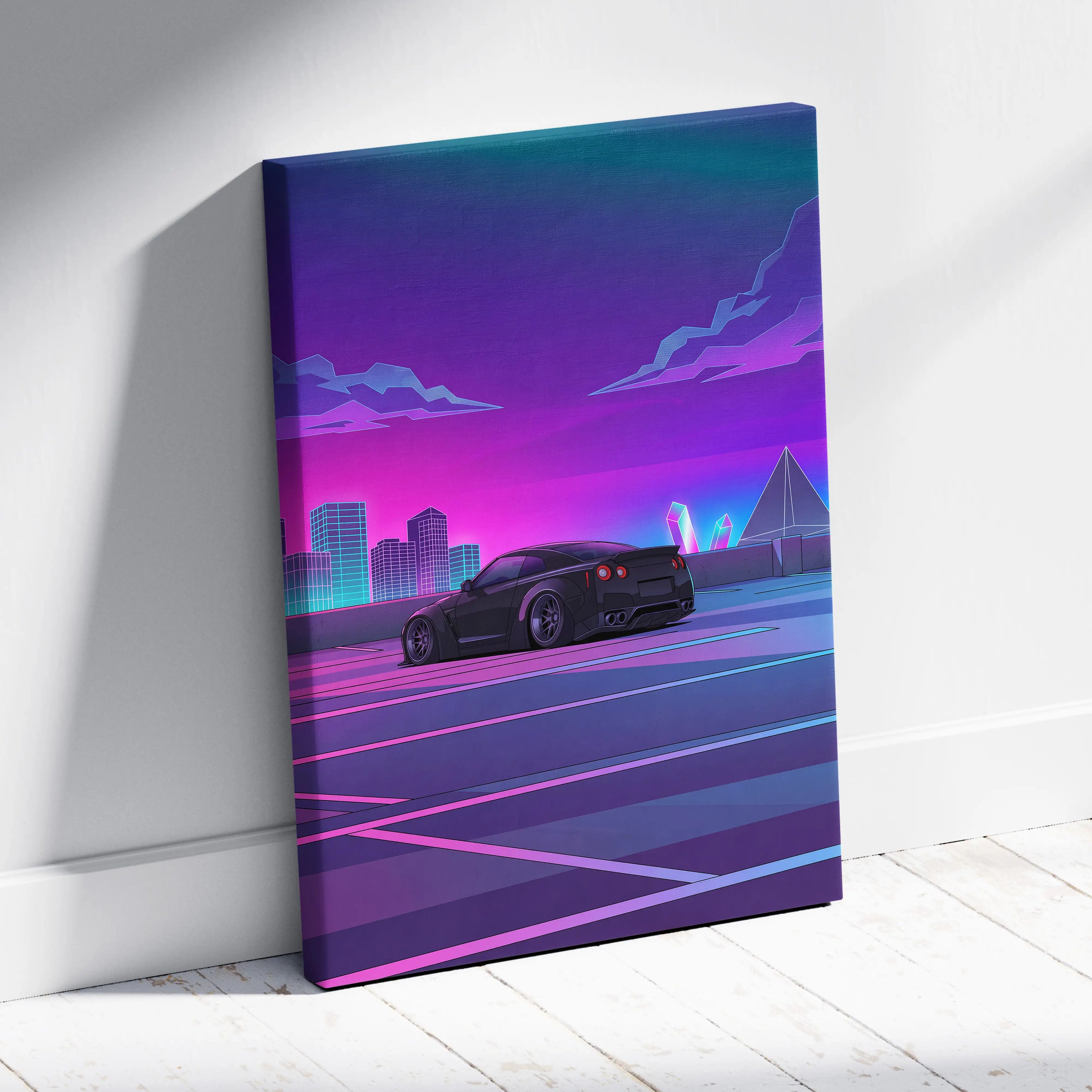 Nissan GT-R R35 Inspired Black Purple Canvas Wall Art Vaporwave JDM Supercar Artwork Neon City Garage Decor Retro Futuristic Skyline Print