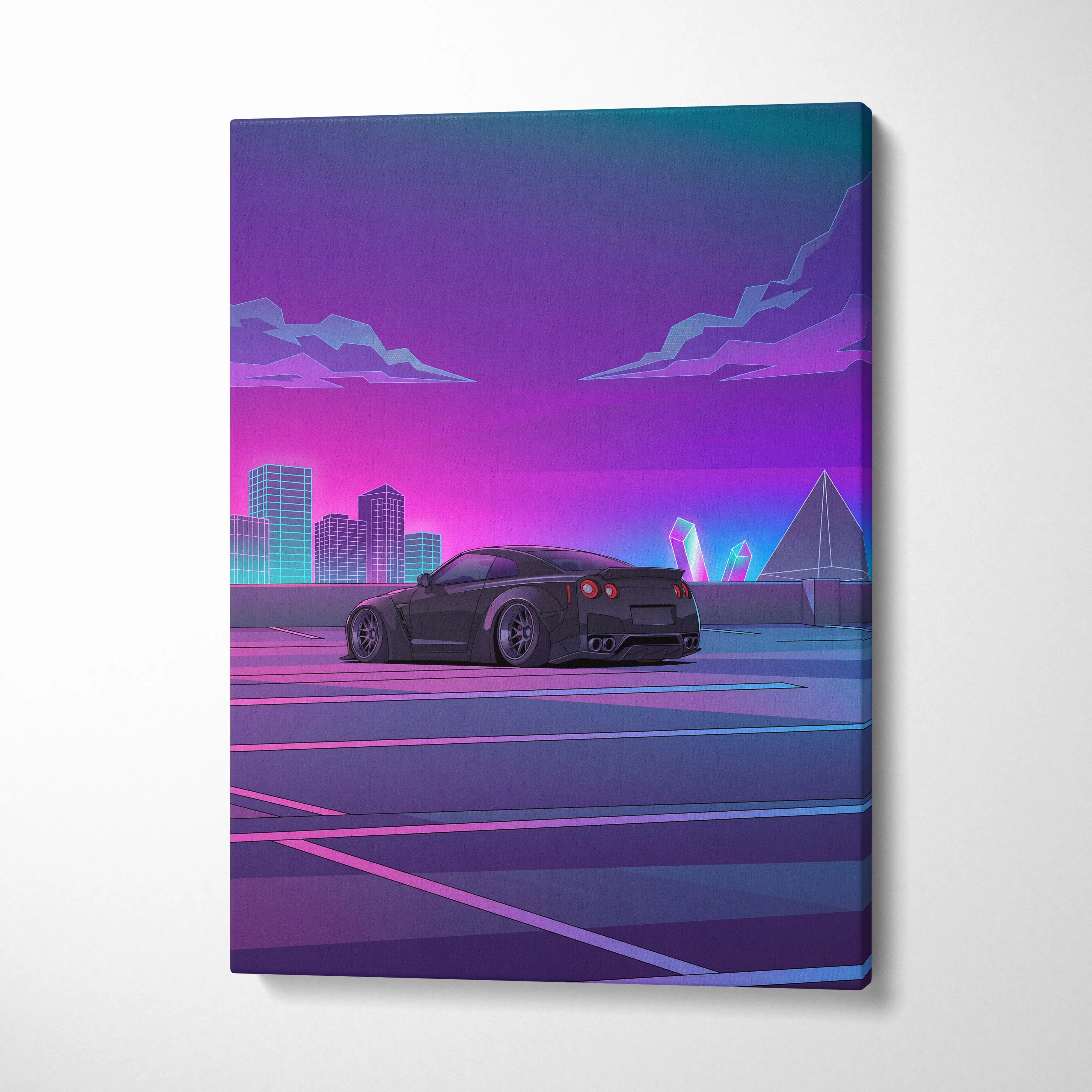 Nissan GT-R R35 Inspired Black Purple Canvas Wall Art Vaporwave JDM Supercar Artwork Neon City Garage Decor Retro Futuristic Skyline Print