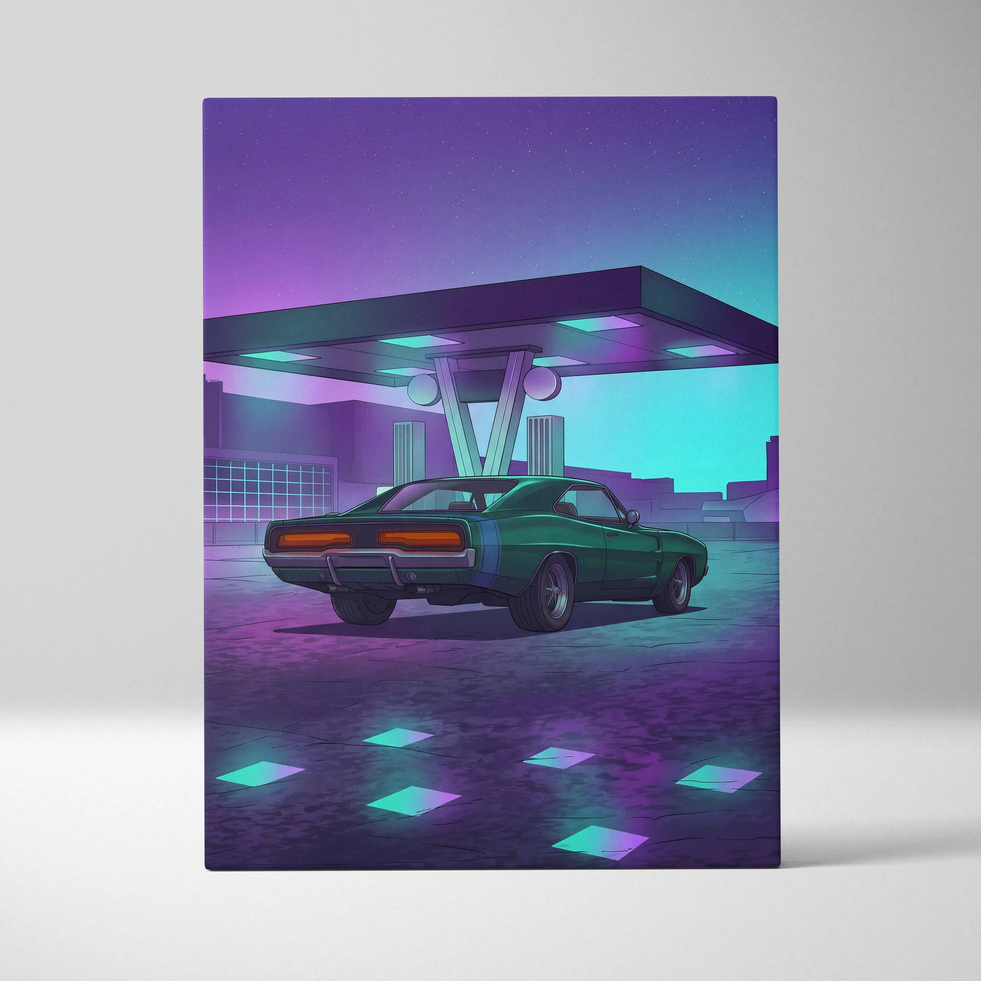 Dodge Charger Inspired Green Purple Canvas Wall Art Vaporwave Muscle Car Artwork Neon Gas Station Garage Decor Retro Futuristic Classic Print