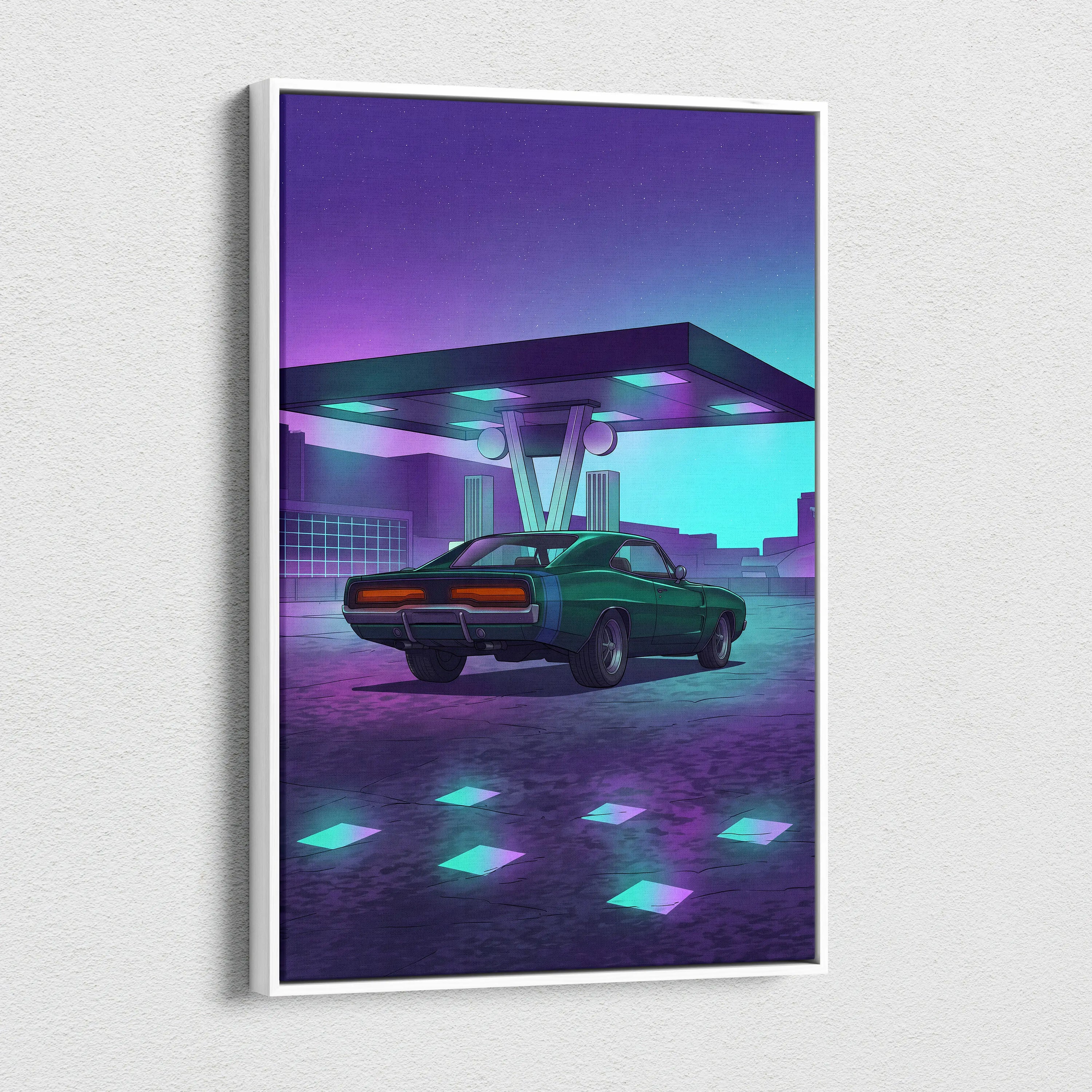 Dodge Charger Inspired Green Purple Canvas Wall Art Vaporwave Muscle Car Artwork Neon Gas Station Garage Decor Retro Futuristic Classic Print