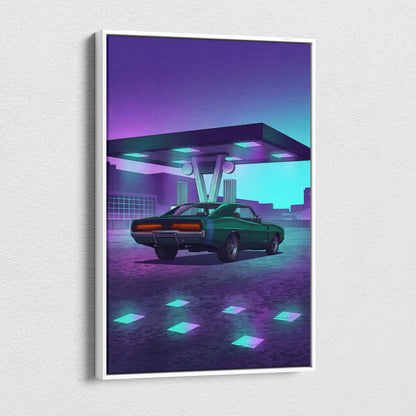 Dodge Charger Inspired Green Purple Canvas Wall Art Vaporwave Muscle Car Artwork Neon Gas Station Garage Decor Retro Futuristic Classic Print