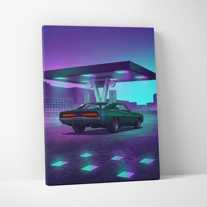Dodge Charger Inspired Green Purple Canvas Wall Art Vaporwave Muscle Car Artwork Neon Gas Station Garage Decor Retro Futuristic Classic Print