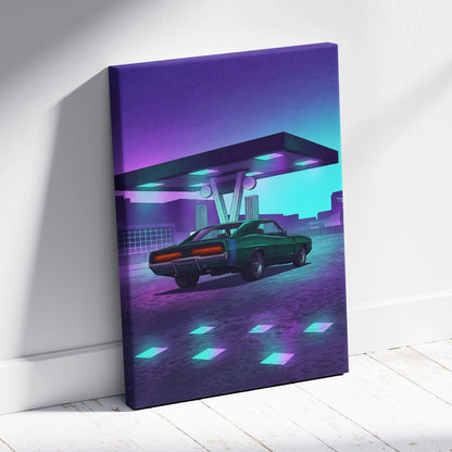 Dodge Charger Inspired Green Purple Canvas Wall Art Vaporwave Muscle Car Artwork Neon Gas Station Garage Decor Retro Futuristic Classic Print