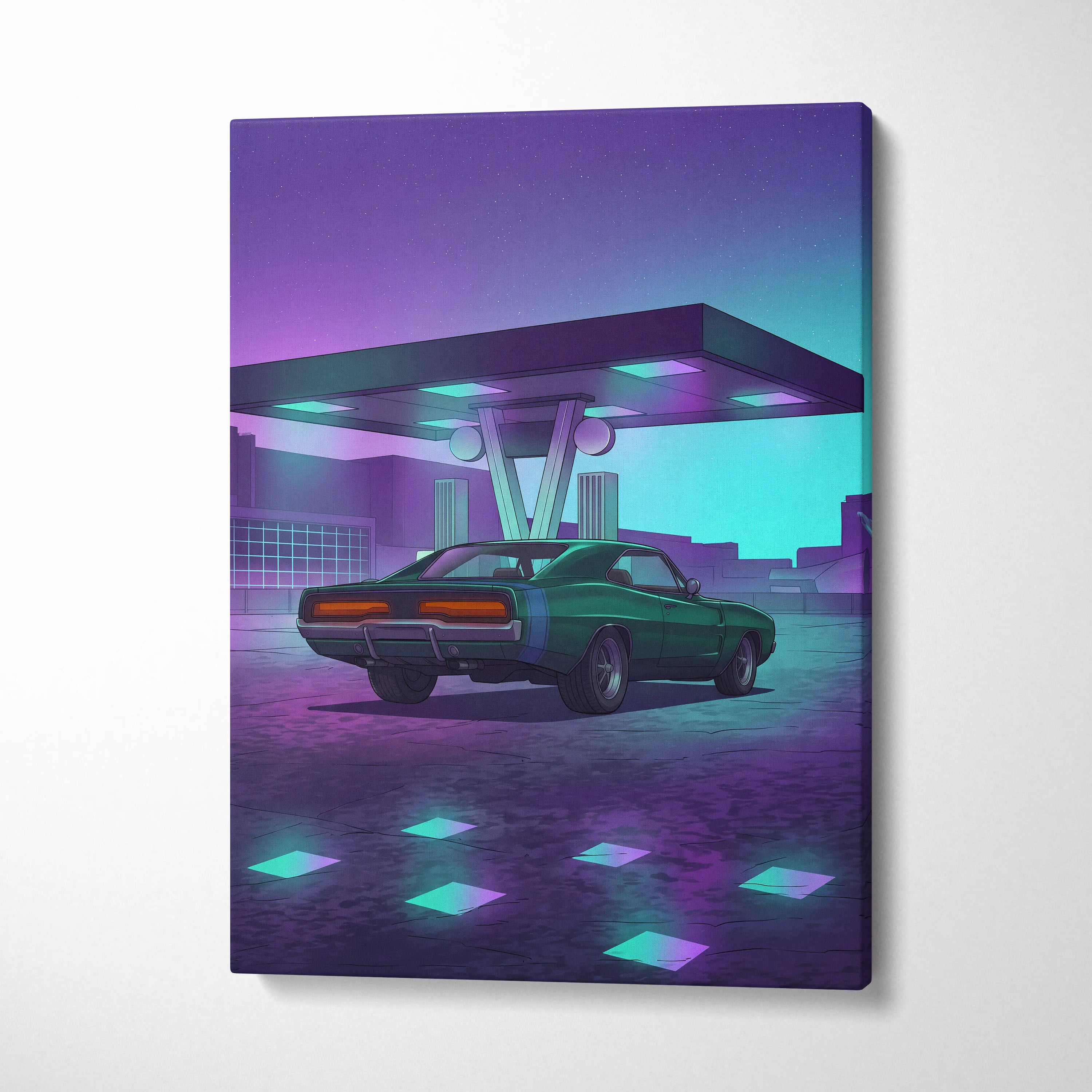 Dodge Charger Inspired Green Purple Canvas Wall Art Vaporwave Muscle Car Artwork Neon Gas Station Garage Decor Retro Futuristic Classic Print