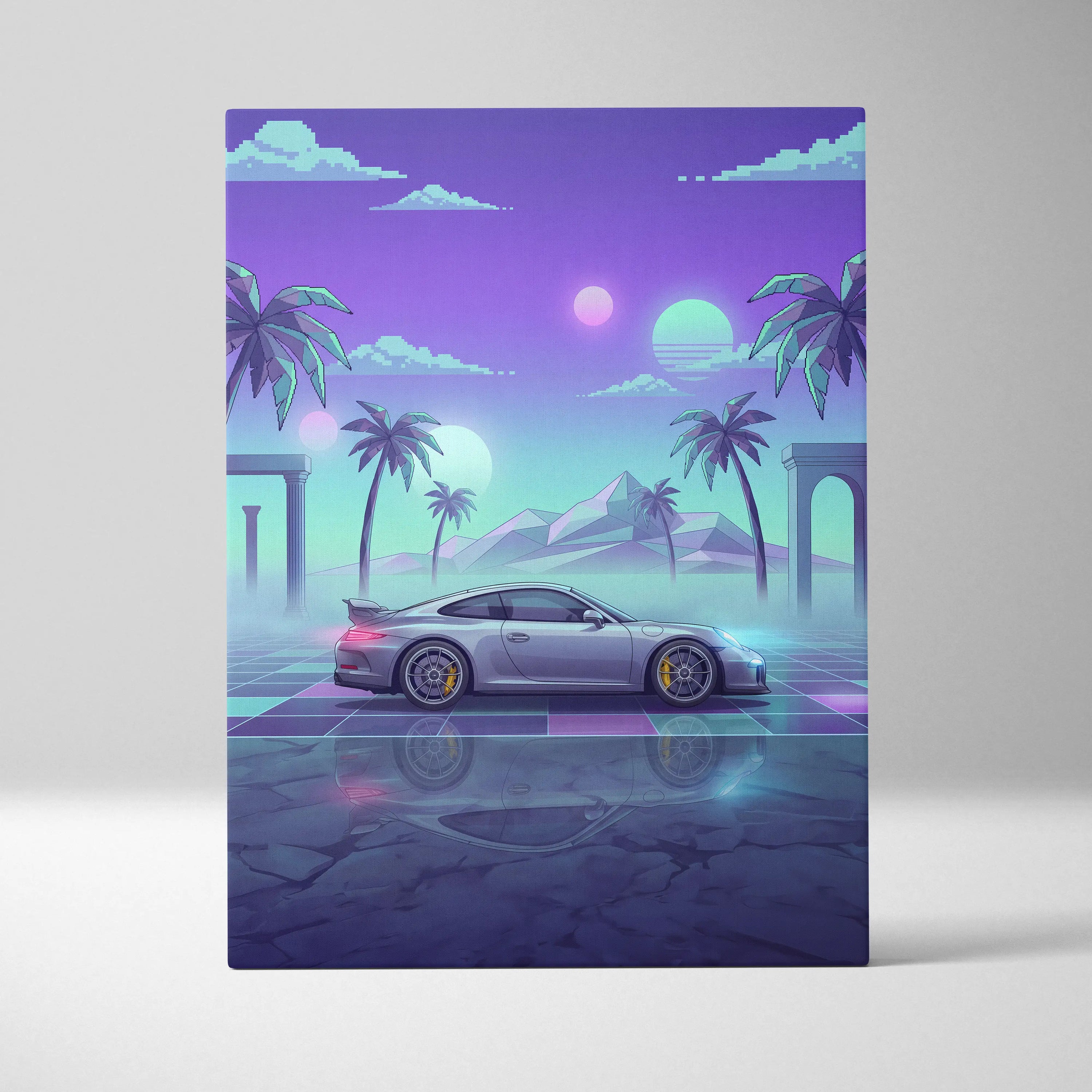 Porsche 911 GT3 Inspired Silver Teal Canvas Wall Art Vaporwave Sports Car Artwork Neon Palm Garage Decor Retro Futuristic Sunset Print