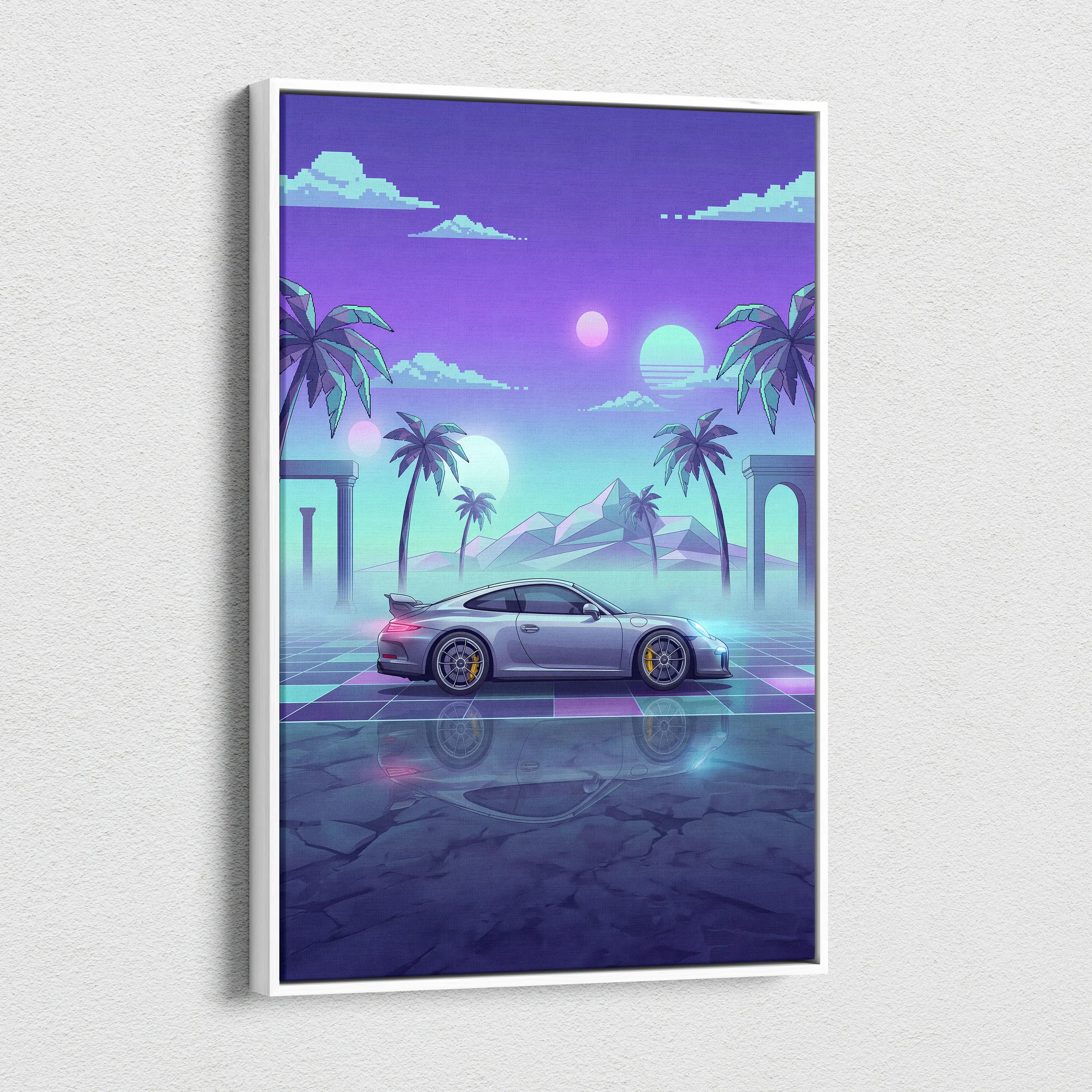 Porsche 911 GT3 Inspired Silver Teal Canvas Wall Art Vaporwave Sports Car Artwork Neon Palm Garage Decor Retro Futuristic Sunset Print