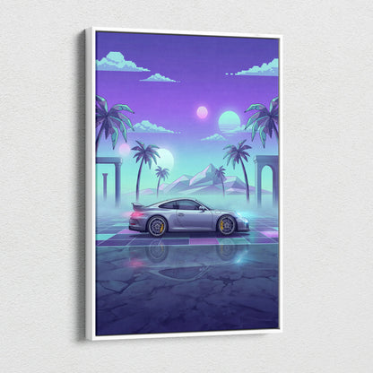 Porsche 911 GT3 Inspired Silver Teal Canvas Wall Art Vaporwave Sports Car Artwork Neon Palm Garage Decor Retro Futuristic Sunset Print