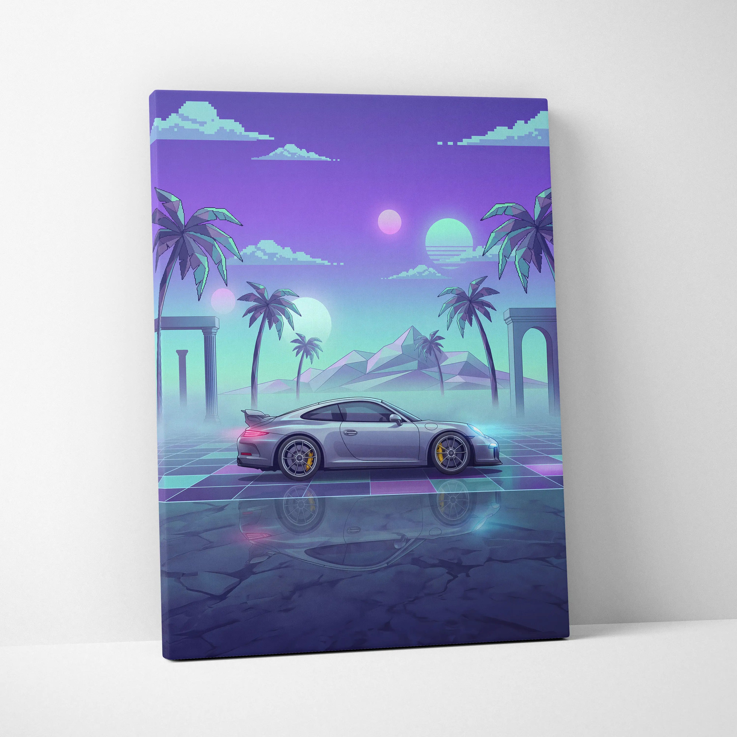 Porsche 911 GT3 Inspired Silver Teal Canvas Wall Art Vaporwave Sports Car Artwork Neon Palm Garage Decor Retro Futuristic Sunset Print