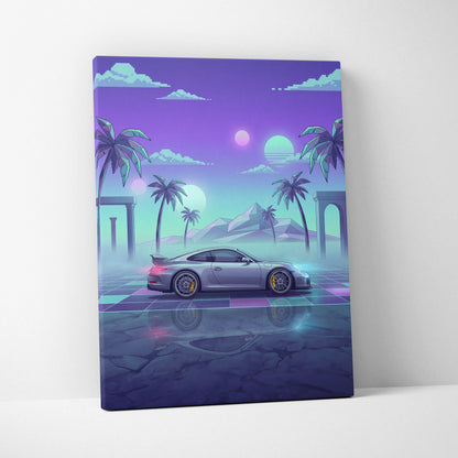 Porsche 911 GT3 Inspired Silver Teal Canvas Wall Art Vaporwave Sports Car Artwork Neon Palm Garage Decor Retro Futuristic Sunset Print