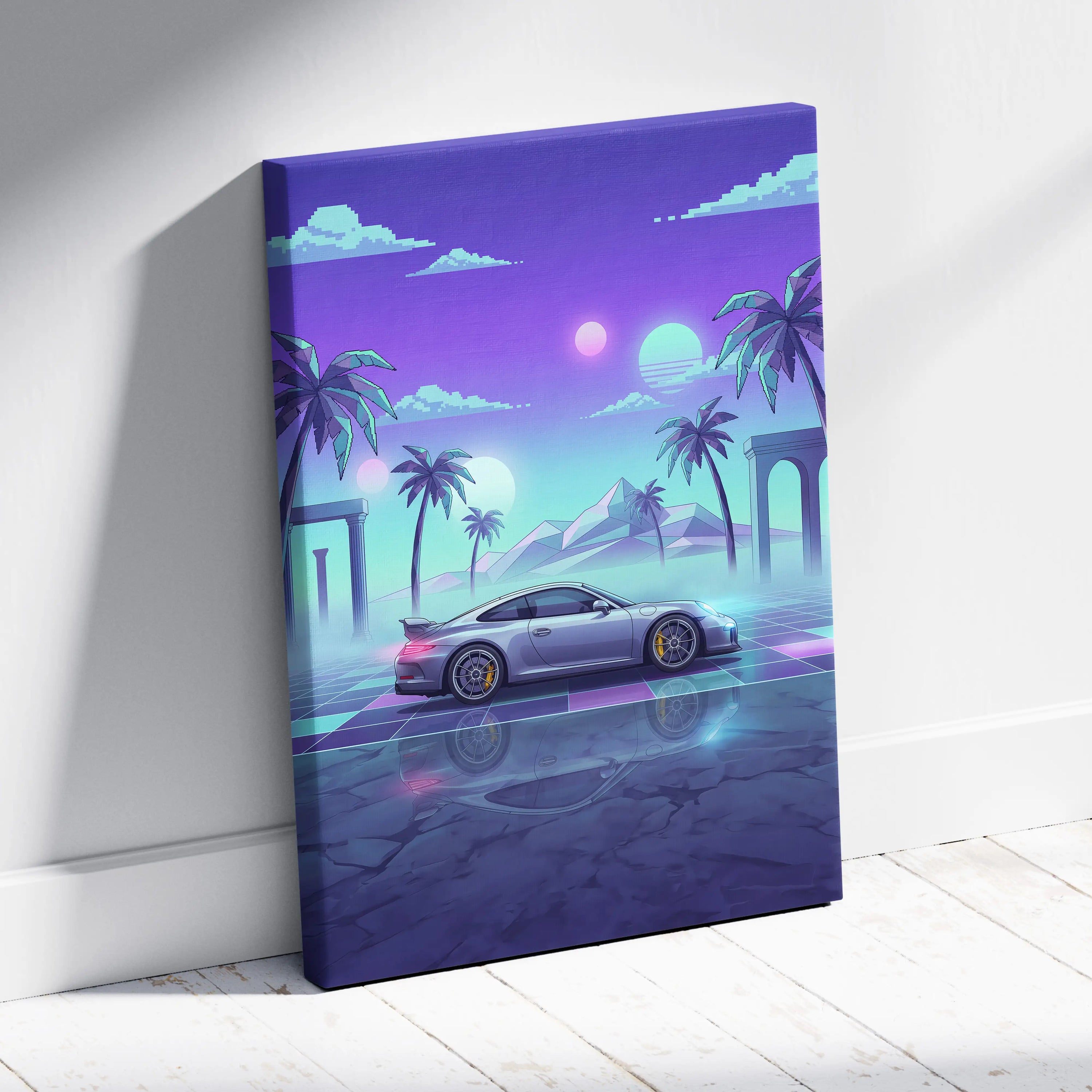 Porsche 911 GT3 Inspired Silver Teal Canvas Wall Art Vaporwave Sports Car Artwork Neon Palm Garage Decor Retro Futuristic Sunset Print