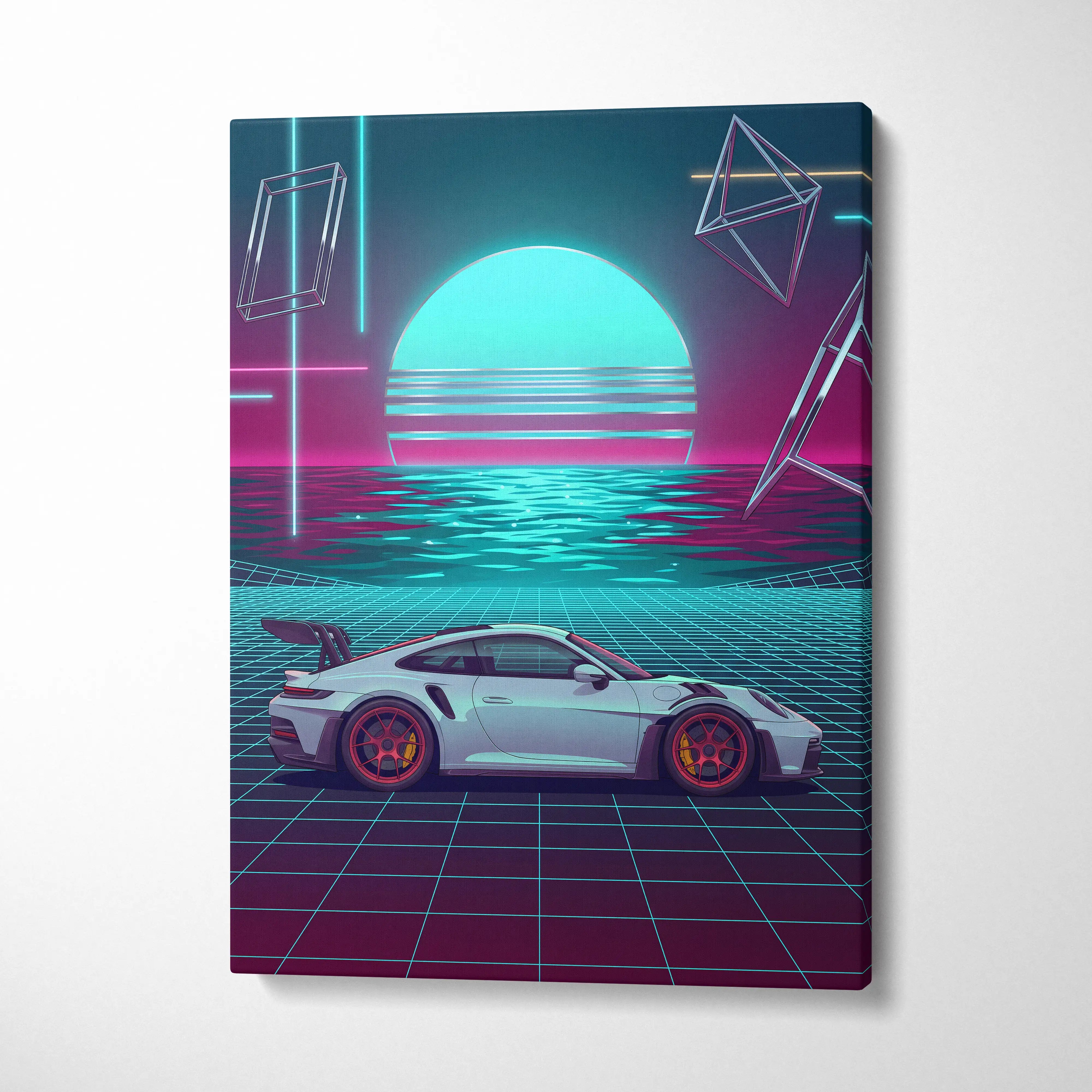 Porsche 911 GT3 RS Inspired White Teal Canvas Wall Art Vaporwave Ocean Sunset Sports Car Artwork, Neon Grid Garage Decor