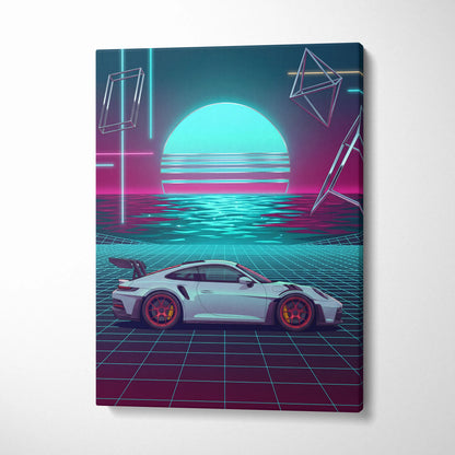 Porsche 911 GT3 RS Inspired White Teal Canvas Wall Art Vaporwave Ocean Sunset Sports Car Artwork, Neon Grid Garage Decor