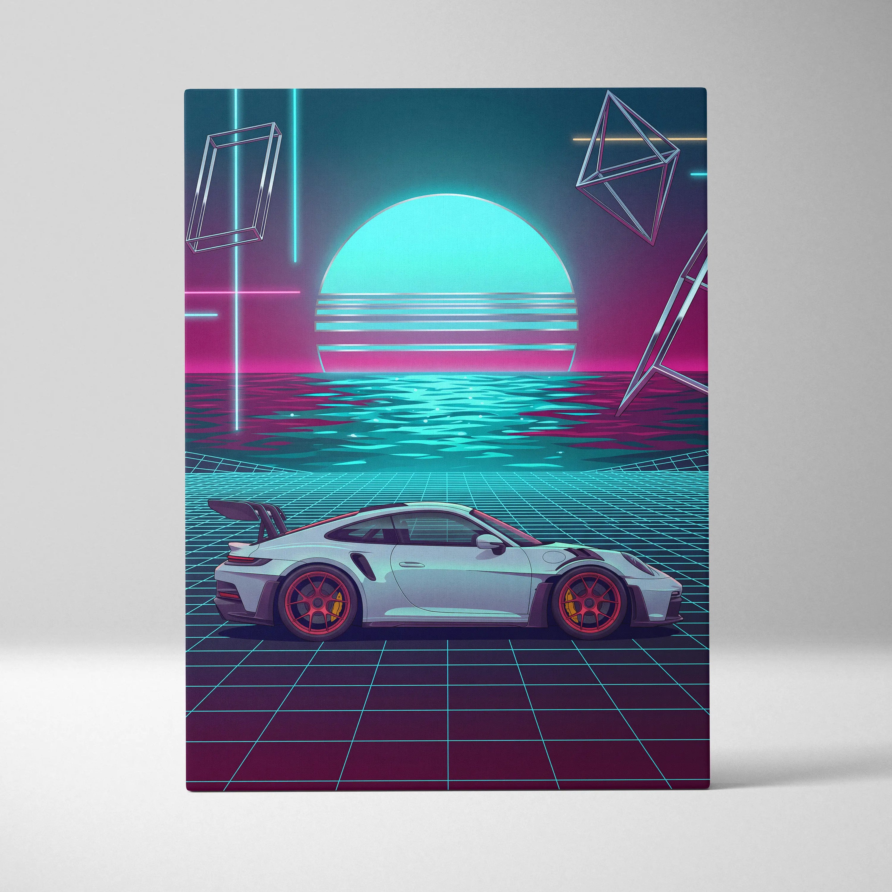 Porsche 911 GT3 RS Inspired White Teal Canvas Wall Art Vaporwave Ocean Sunset Sports Car Artwork, Neon Grid Garage Decor