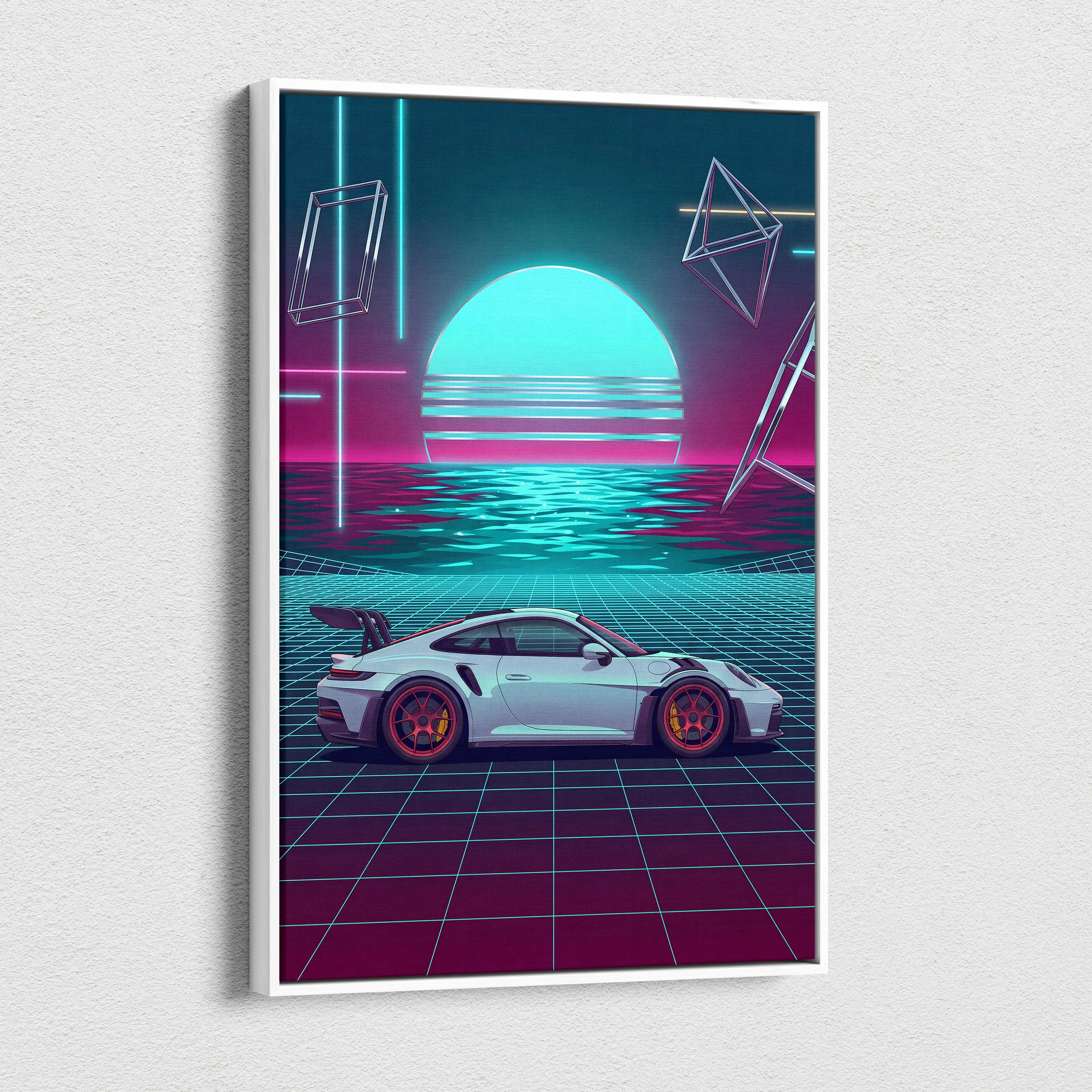 Porsche 911 GT3 RS Inspired White Teal Canvas Wall Art Vaporwave Ocean Sunset Sports Car Artwork, Neon Grid Garage Decor
