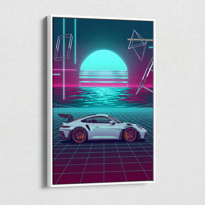 Porsche 911 GT3 RS Inspired White Teal Canvas Wall Art Vaporwave Ocean Sunset Sports Car Artwork, Neon Grid Garage Decor