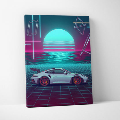 Porsche 911 GT3 RS Inspired White Teal Canvas Wall Art Vaporwave Ocean Sunset Sports Car Artwork, Neon Grid Garage Decor