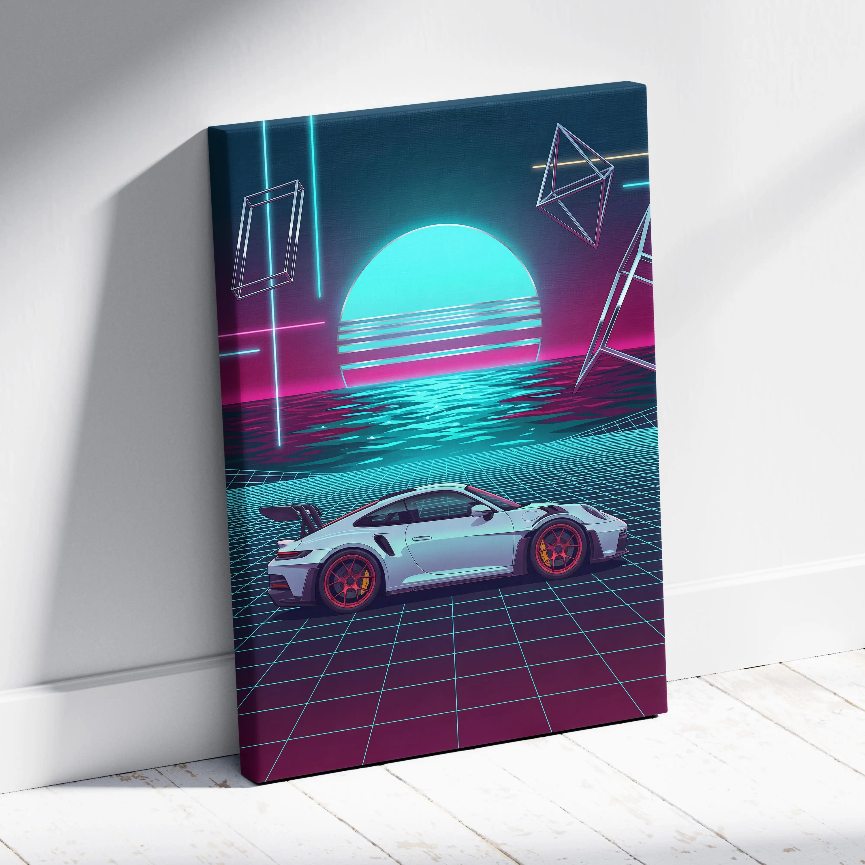 Porsche 911 GT3 RS Inspired White Teal Canvas Wall Art Vaporwave Ocean Sunset Sports Car Artwork, Neon Grid Garage Decor