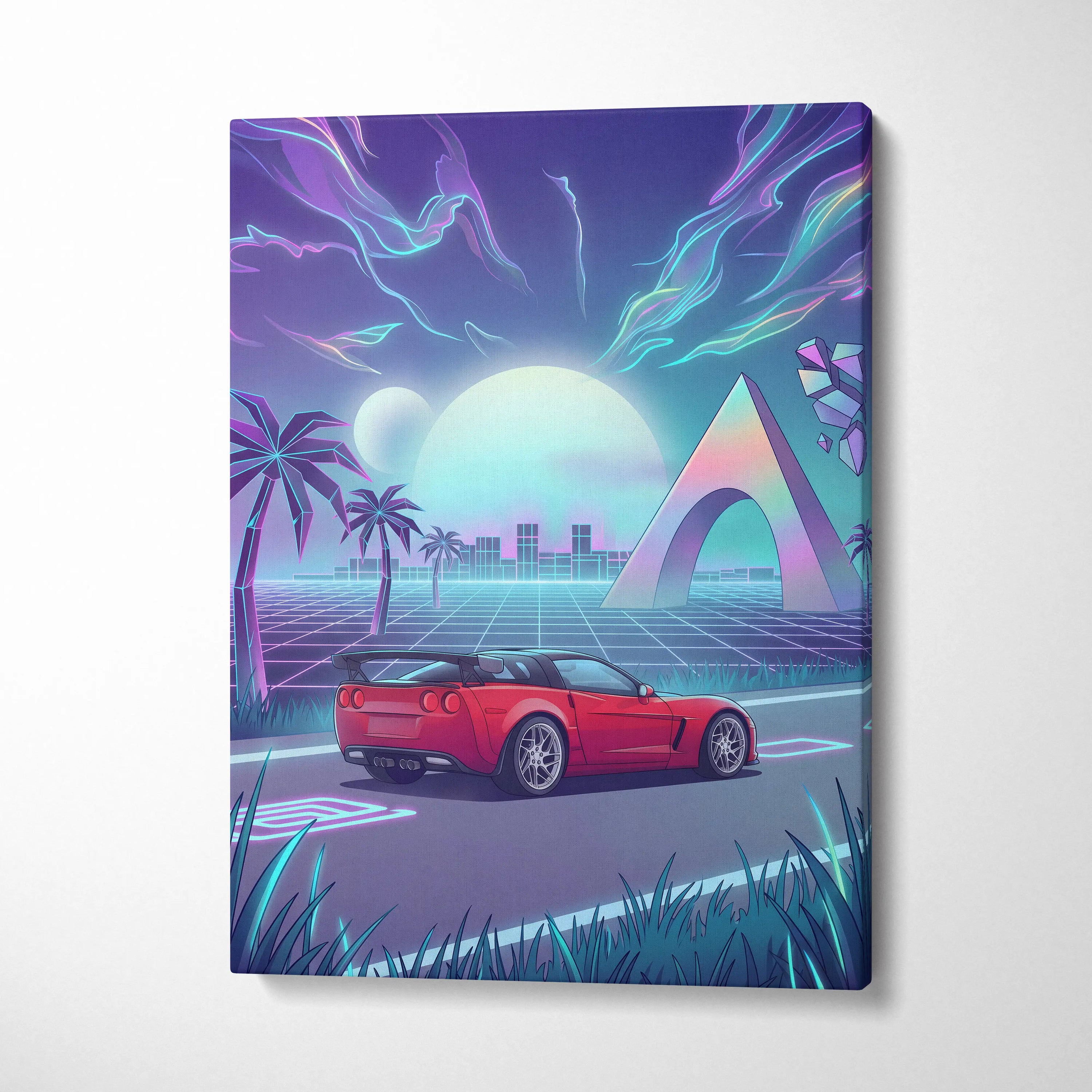 Chevrolet Corvette C6 Inspired Red Blue Canvas Wall Art Vaporwave Tropical Road Car Artwork, Neon Sunset Garage Decor