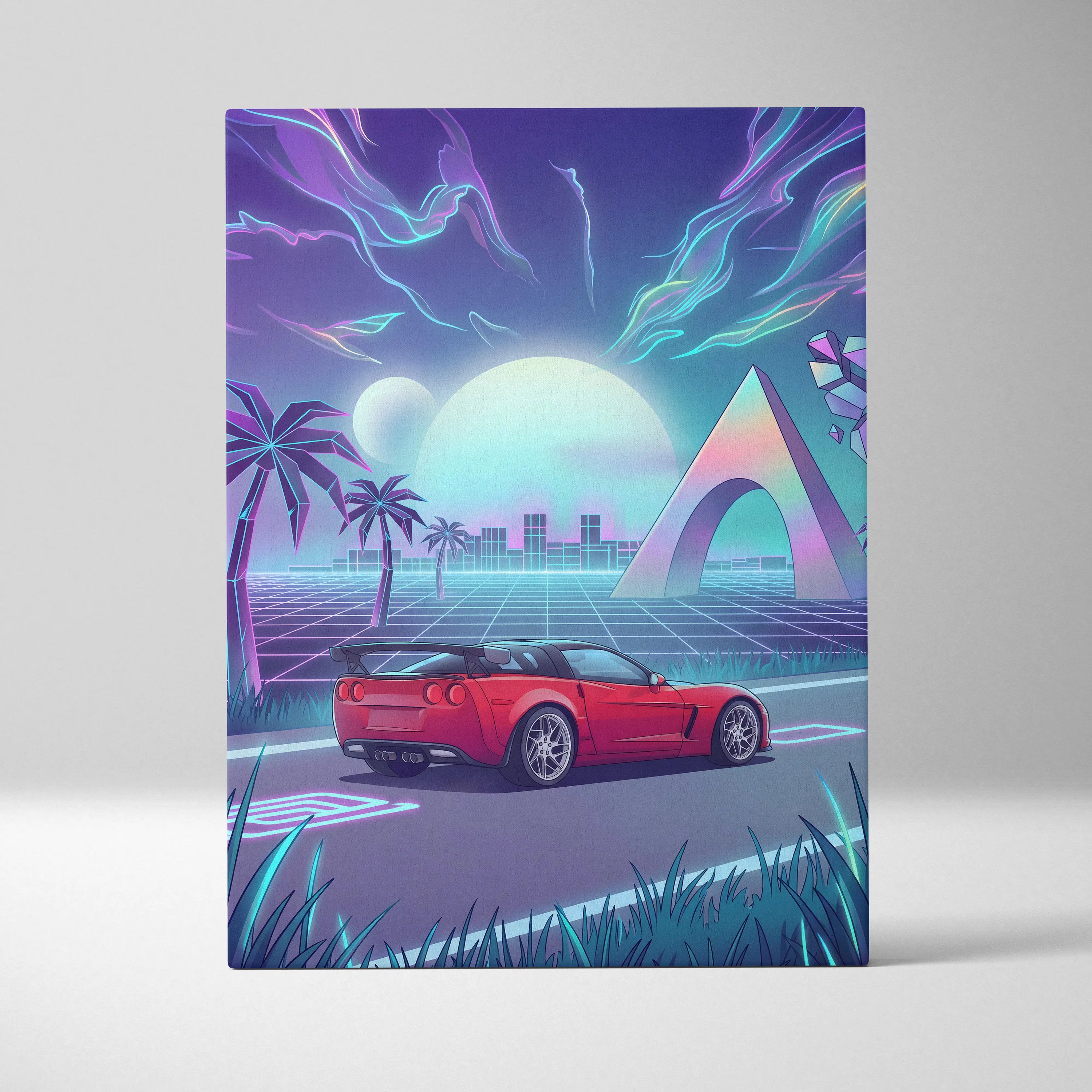 Chevrolet Corvette C6 Inspired Red Blue Canvas Wall Art Vaporwave Tropical Road Car Artwork, Neon Sunset Garage Decor