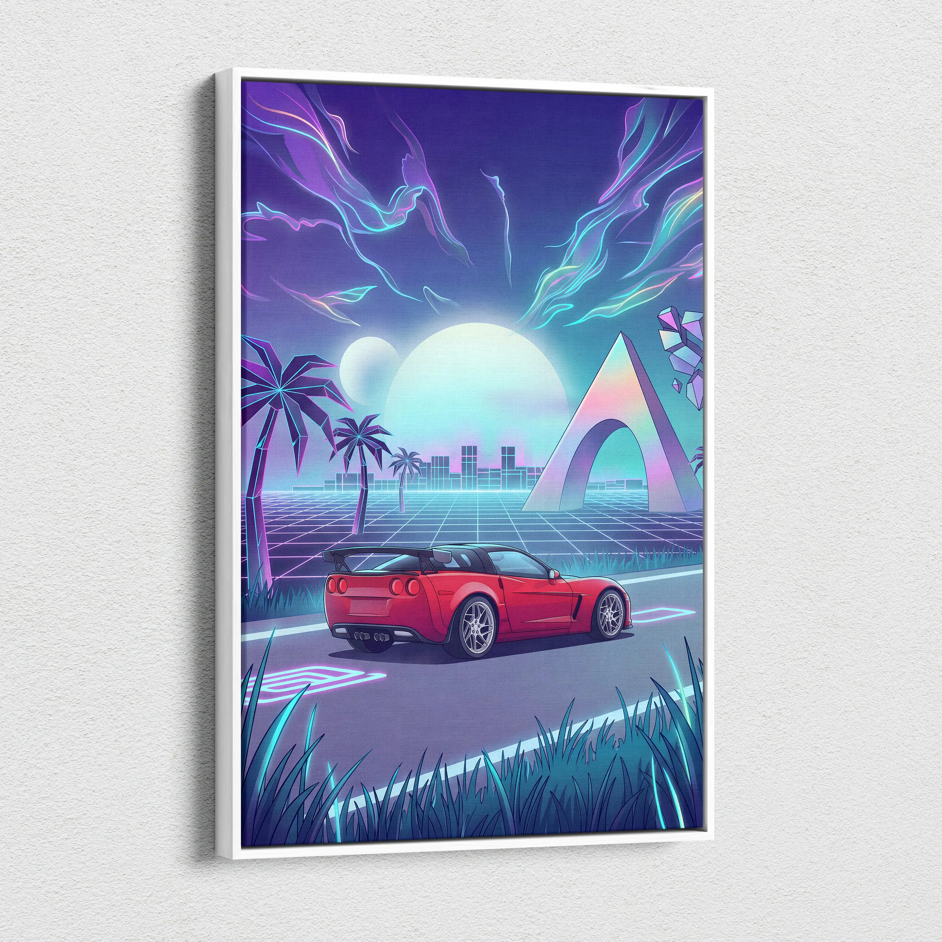 Chevrolet Corvette C6 Inspired Red Blue Canvas Wall Art Vaporwave Tropical Road Car Artwork, Neon Sunset Garage Decor