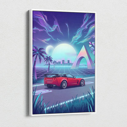 Chevrolet Corvette C6 Inspired Red Blue Canvas Wall Art Vaporwave Tropical Road Car Artwork, Neon Sunset Garage Decor