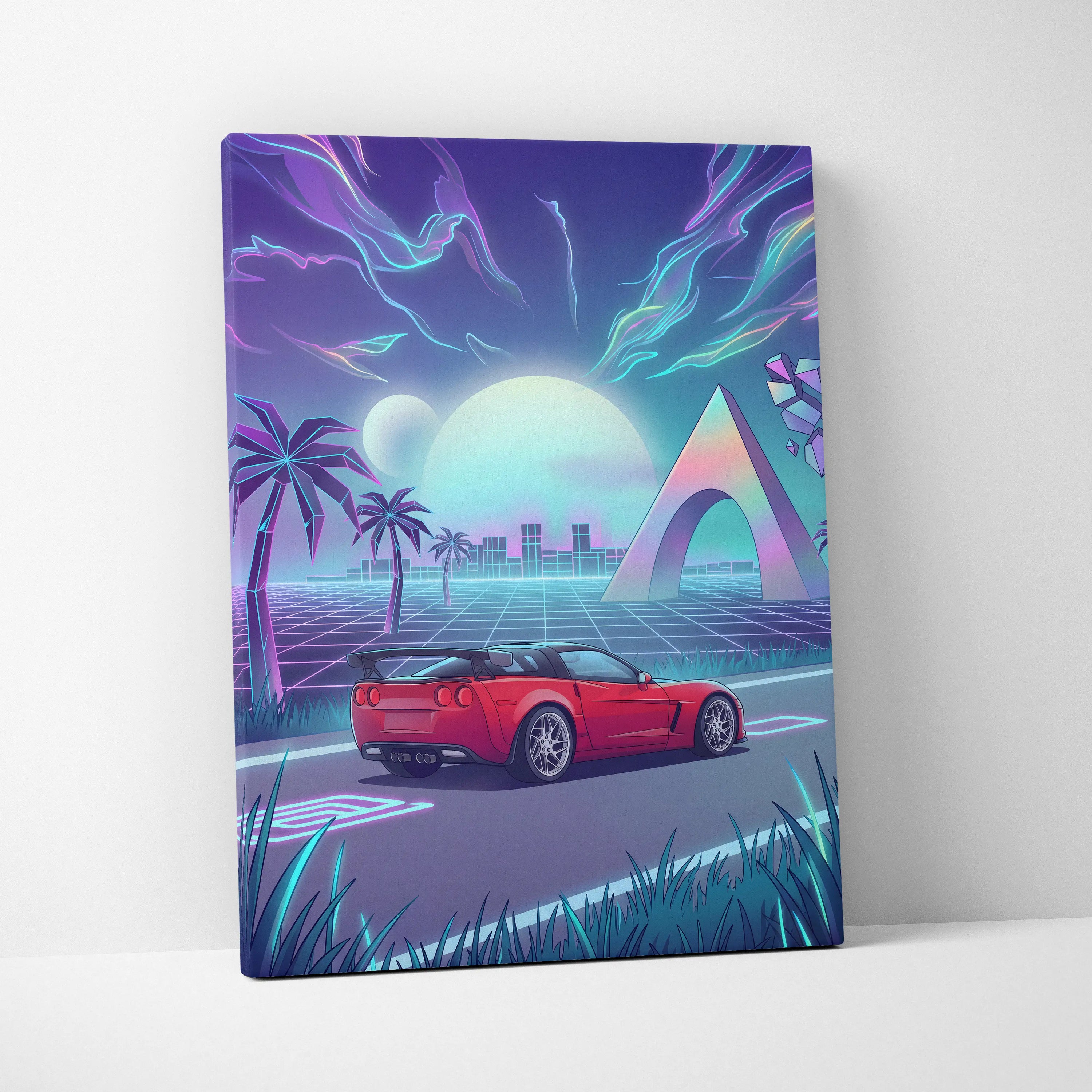 Chevrolet Corvette C6 Inspired Red Blue Canvas Wall Art Vaporwave Tropical Road Car Artwork, Neon Sunset Garage Decor