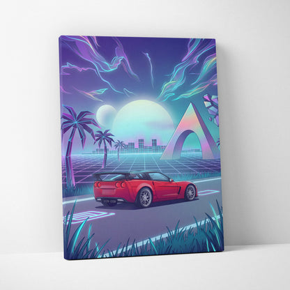 Chevrolet Corvette C6 Inspired Red Blue Canvas Wall Art Vaporwave Tropical Road Car Artwork, Neon Sunset Garage Decor
